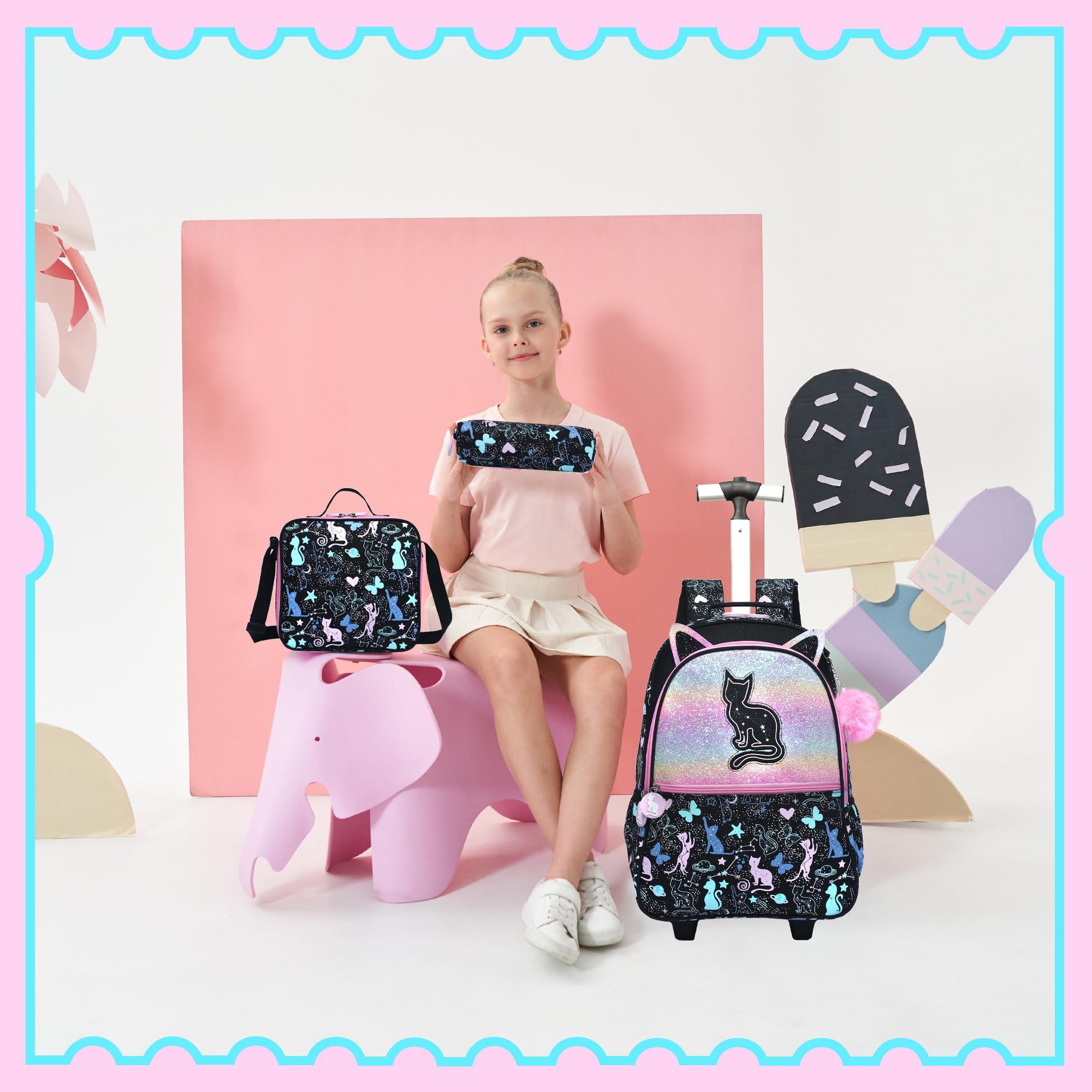 Meetbelify Linda mochila con ruedas para niñas de 8 a 10 años, con ruedas, para estudiantes de primaria, preescolar, equipaje de viaje 3 en 1, 01 Gato, Moderno