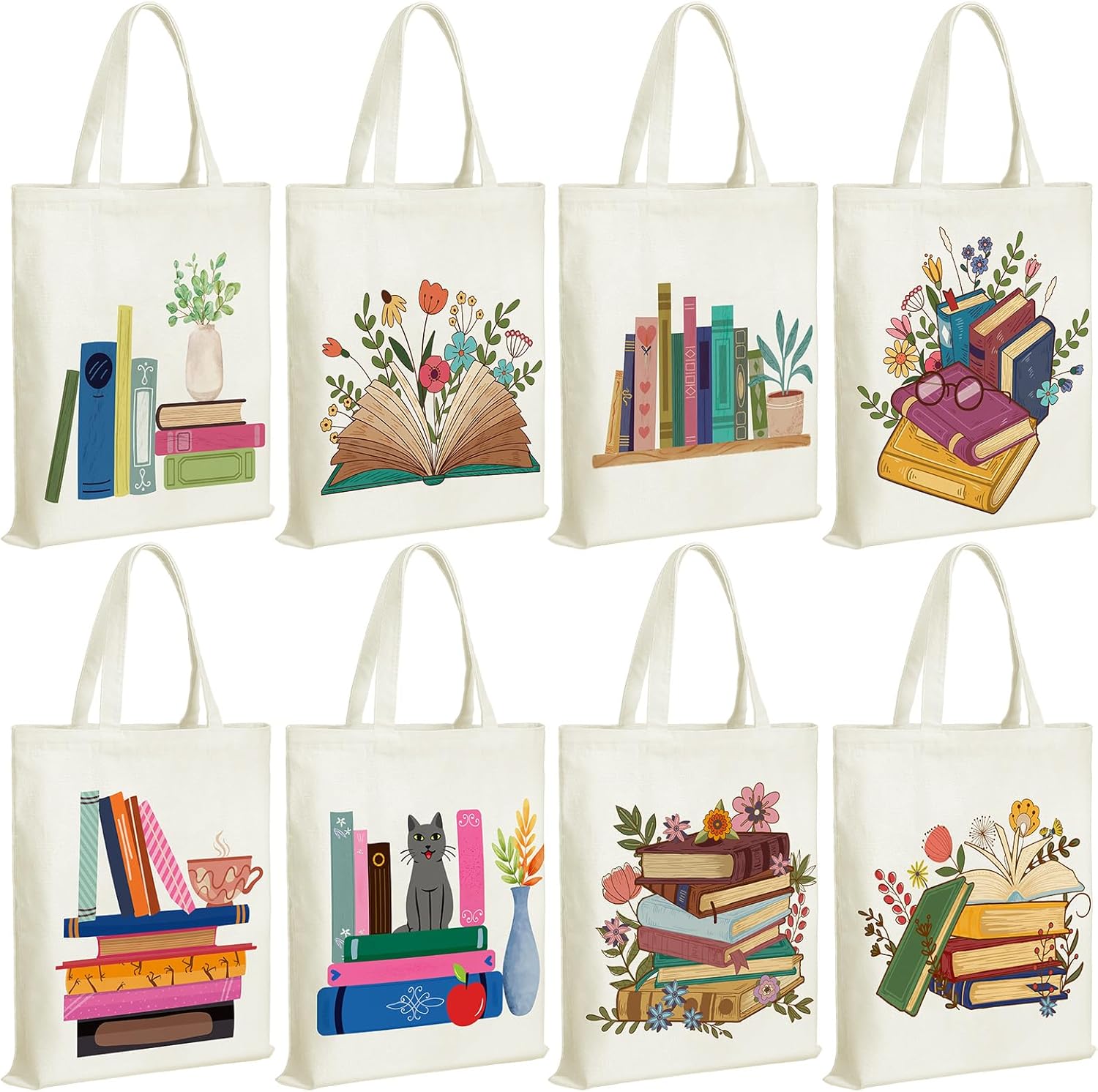 Sweetude 8 Pcs Book Lovers Club Gifts Bulk Canvas Tote Bags Bookish Librarian Reader Gift for Women Teacher(Book)
