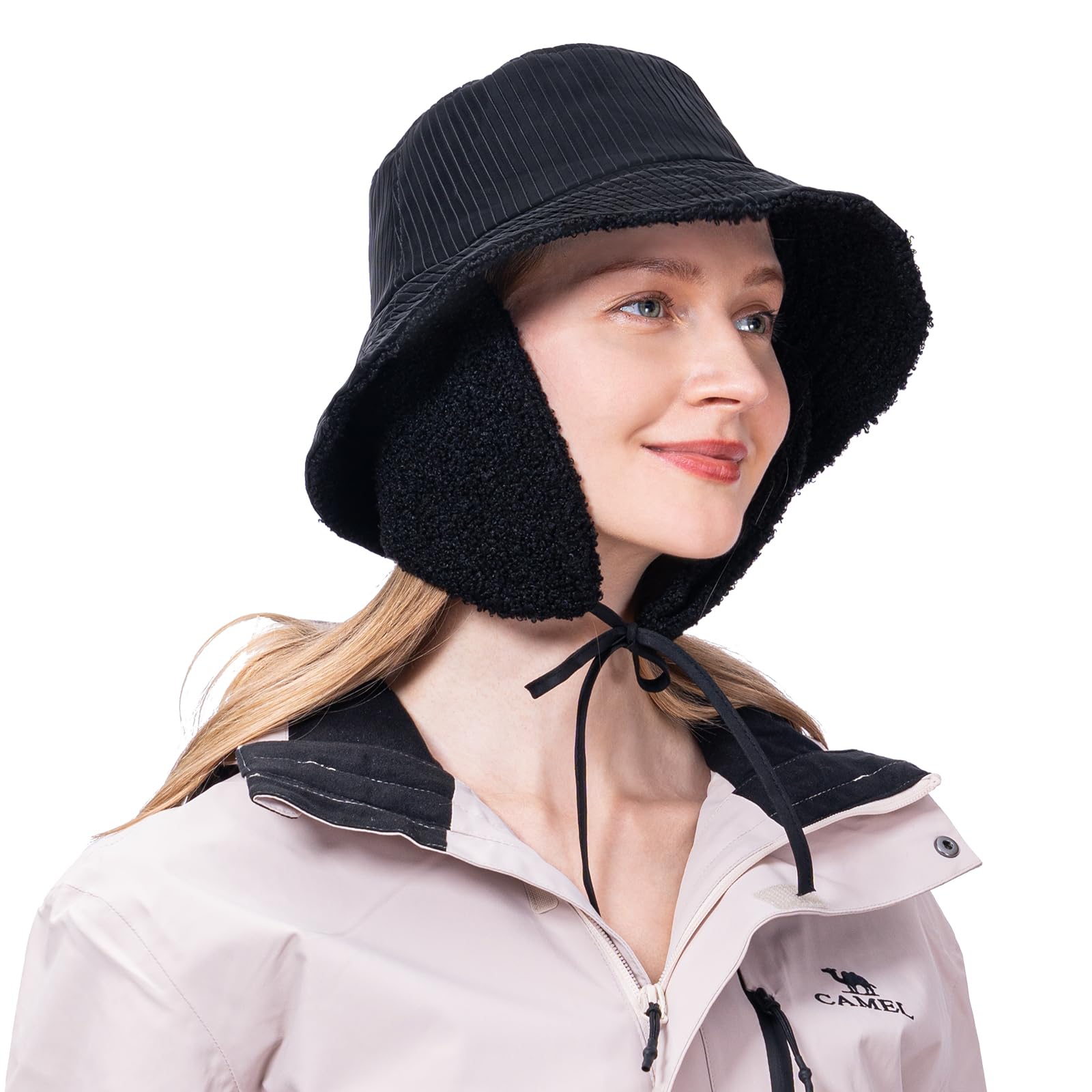 ZffXHRain Hats for Women, Winter Warm Cloche Bucket Hat, Polar Fleece Waterproof 1920s Vintage Cap Ear Flaps Neck Cover for Women Ladies Wide Brim Rain, Bucket Hat