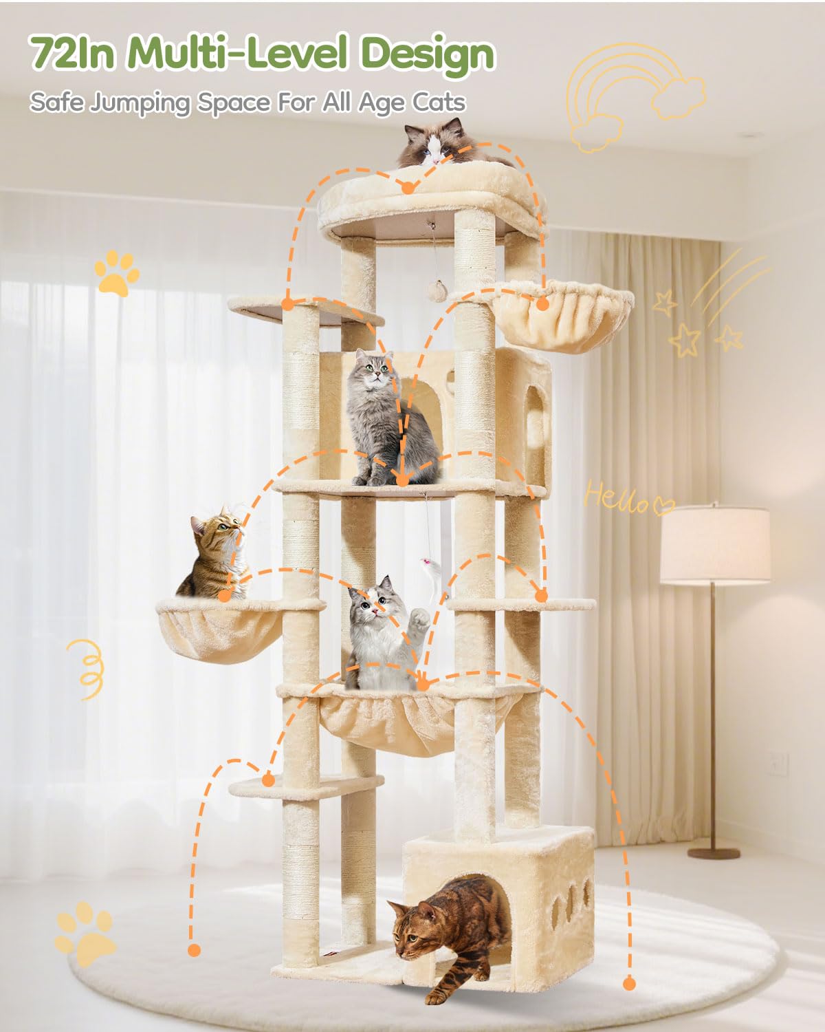 Taoqimiao Rascador para Gatos Grandes, 183cm Arbol Rascador para Gatos com 2 Espacioso Cuevas, 2 Cesta, 7 Poste de Sisal, Hamaca,F20M Beige