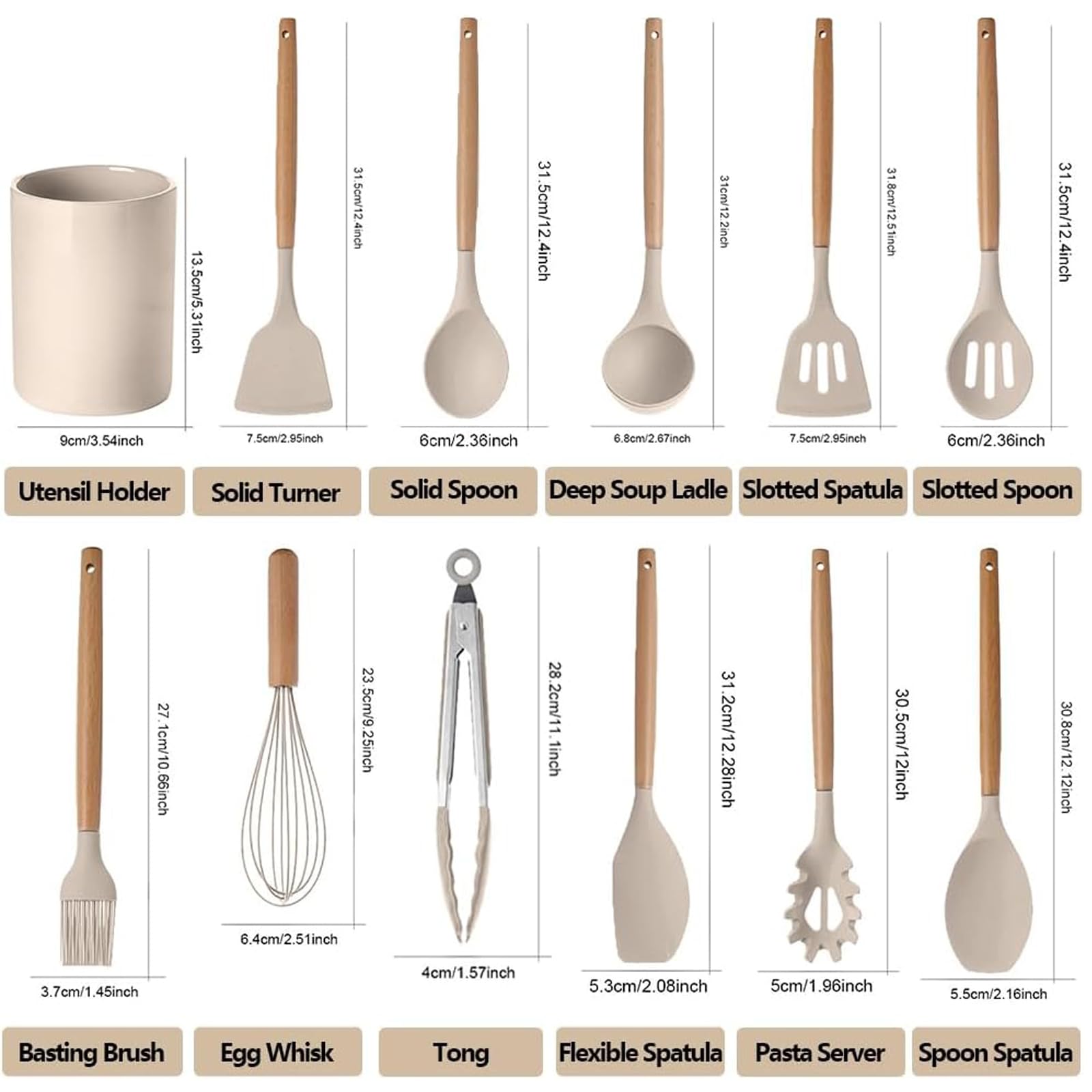 Set di 12 utensili in silicone per cucinare, spatole da cucina, manici in legno, cucchiaio resistente al calore, spatola antiaderente in silicone, set di cucchiai e spatole