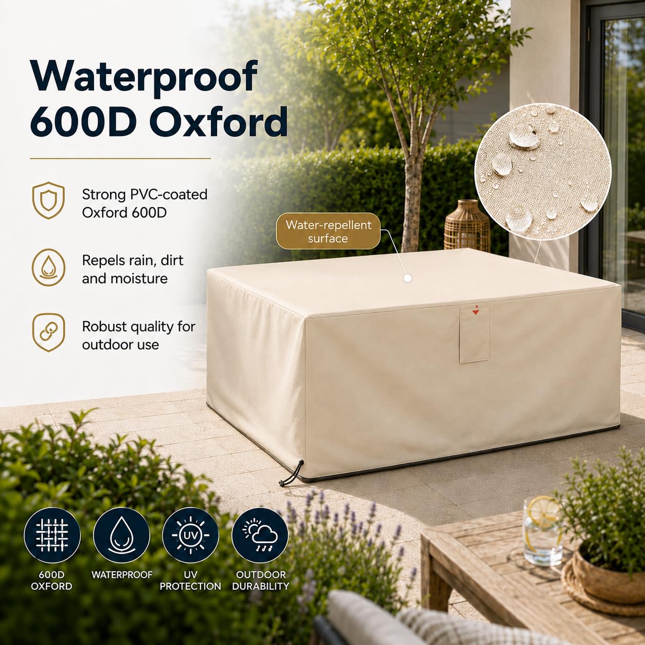 HOME It Garden Gartenmöbel-Abdeckung 235x180x95 cm – 600D Oxford PVC-beschichtet, wasserdicht, UV-Schutz, 2 Belüftungen, Reißverschluss & Kordelzug, sand