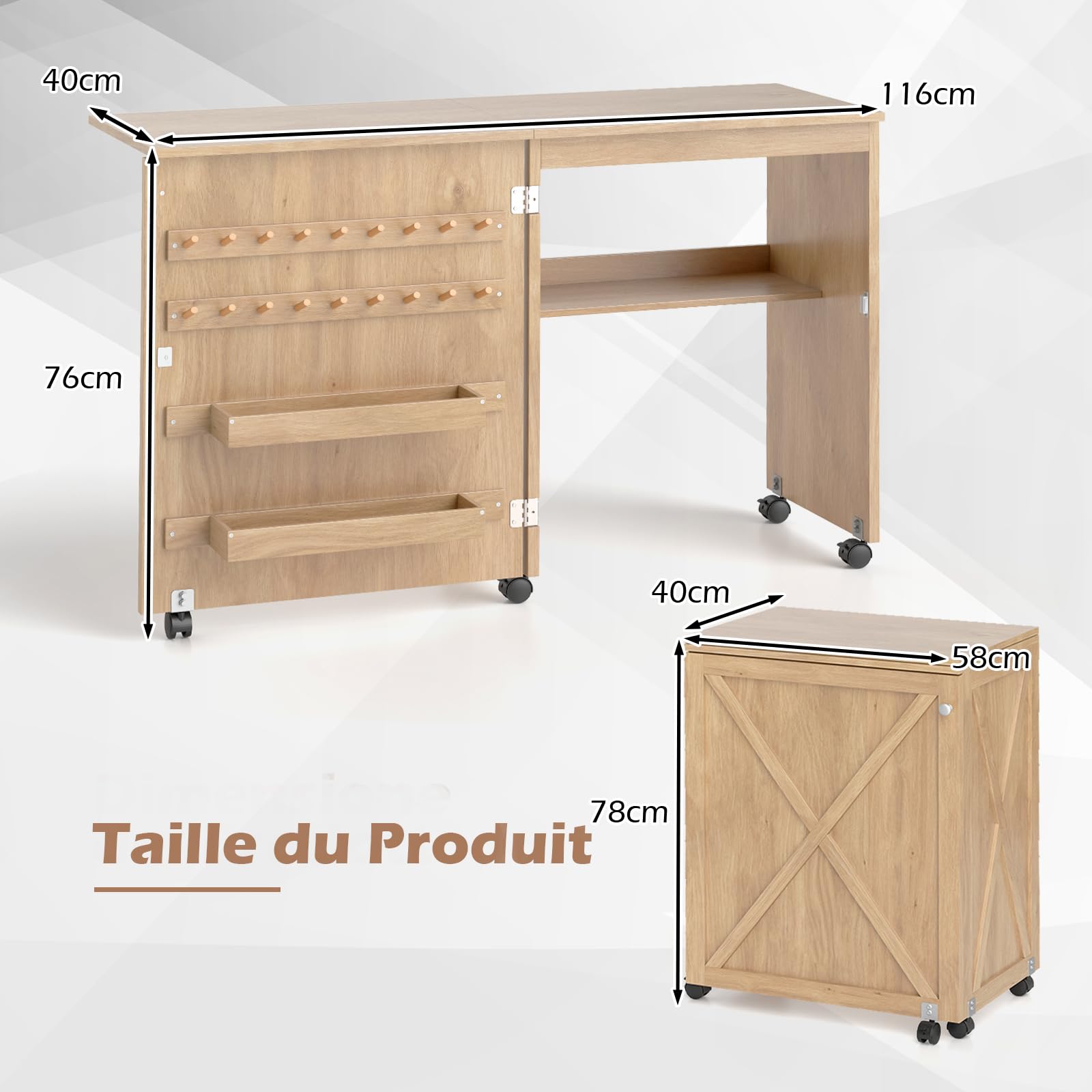RELAX4LIFE Table de Couture Pliante avec 3 Compartiments, roulettes Verrouillables, Etagère de Rangement, Armoire pour Machine à Coudre Peu Encombrante pour Aiguilles Fils et Ciseaux (Naturel)