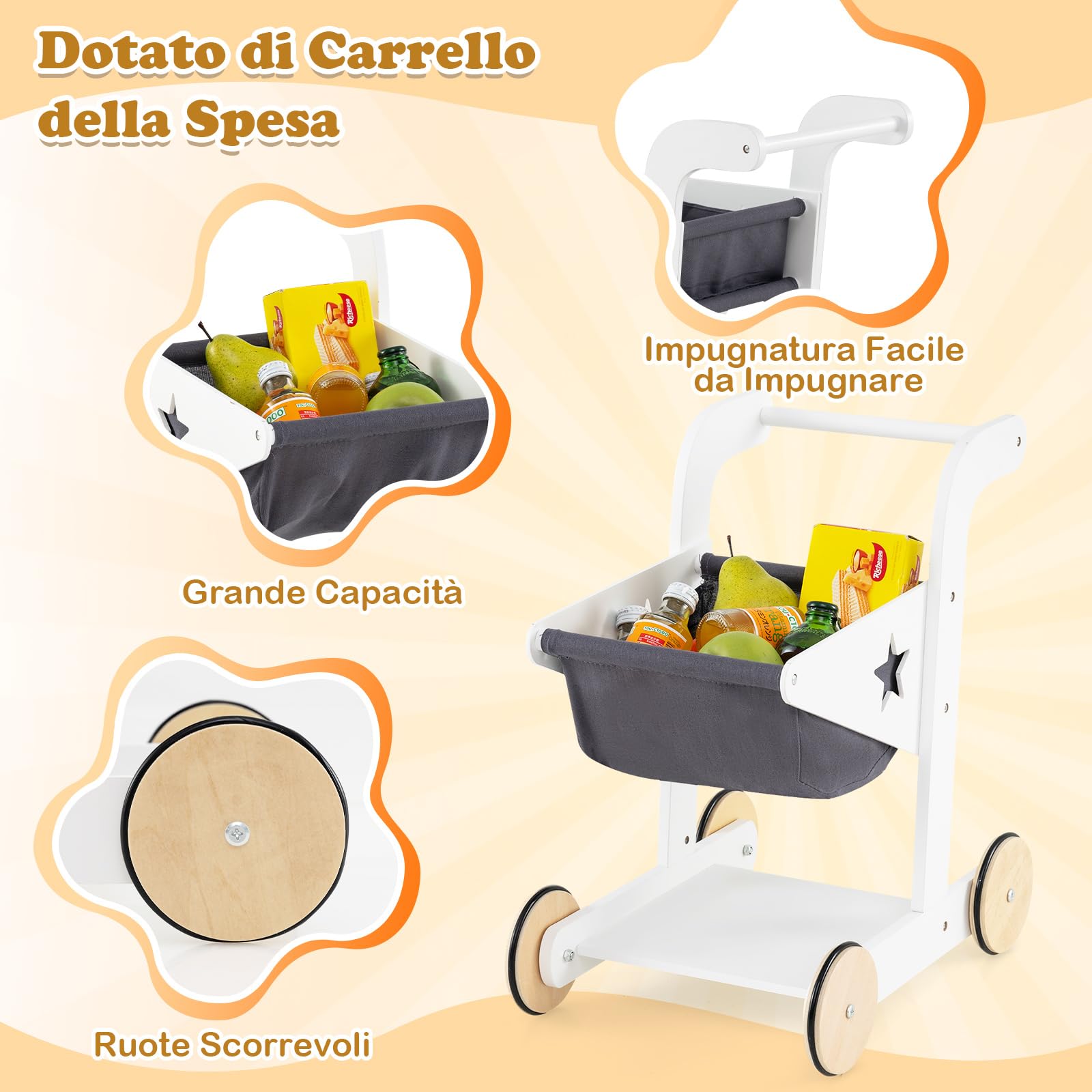 RELAX4LIFE Negozio di Alimentari con Carrello della Spesa,Cassa, 2 Lavagnette, ,Registratore di Cassa,Scanner,Calcolatrice, Salvadanaio,Scaffali
