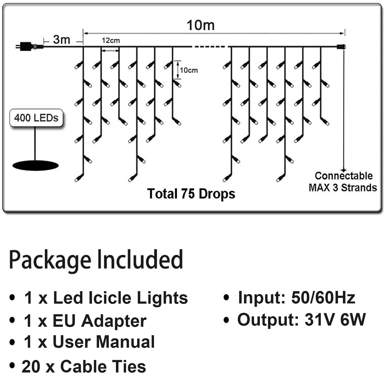 Led Eisregen Lichterkette Strom, 10m 400leds für Innen und Außen, GS geprüft, IP44, 8 Modi Lichtvorhang Mit Merkfunktion Fernbedienung Timer Für Zimmer, Traufe, Weihnachten, Treppe, Geländer