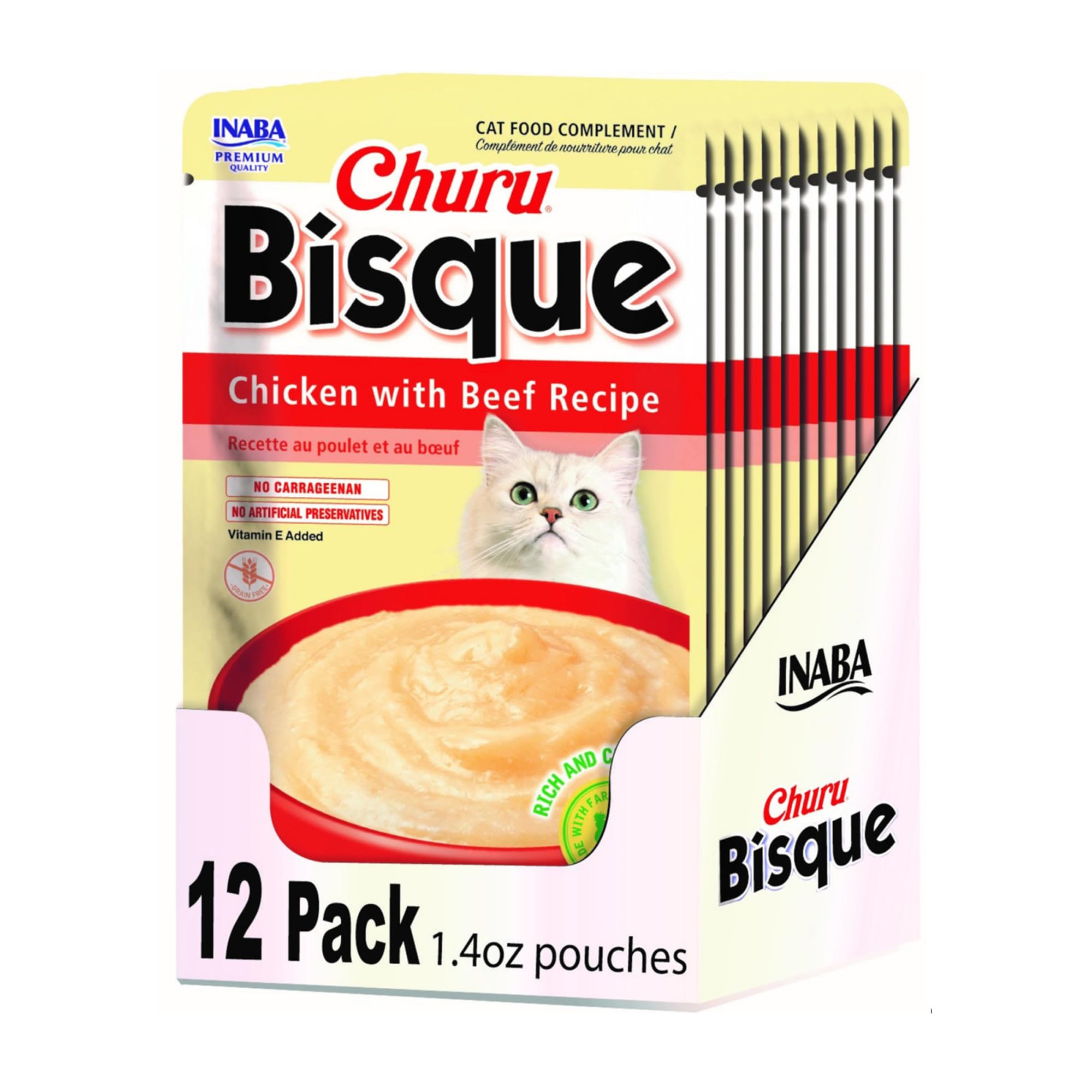 INABA Churu Bisque for Cats, Creamy Lickable Purée Side Dish with Vitamin E, 1.4 Ounces per Pouch, 12 Pouches, Chicken with Beef Recipe