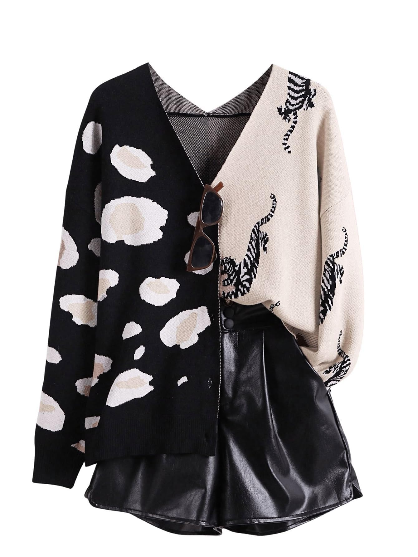 Leopard Tiger Print Cardigan Women Color Block V Neck Sweater Long Sleeve Animal Print Outfits for Women