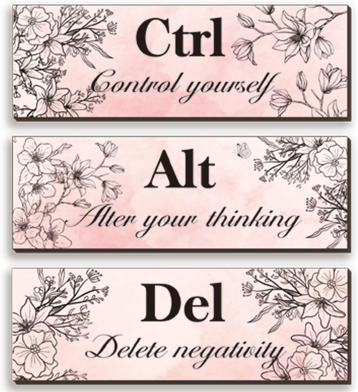 3 Pieces Pink Wall Decor for Girl Floral Wooden Wall Hanging Wall Art Inspirational Office Wall Decor with Positive Quotes Ctrl Alt Del Wall Sign for Teen Girl Women Bedroom Bathroom(Pink,12 x 4 Inch)