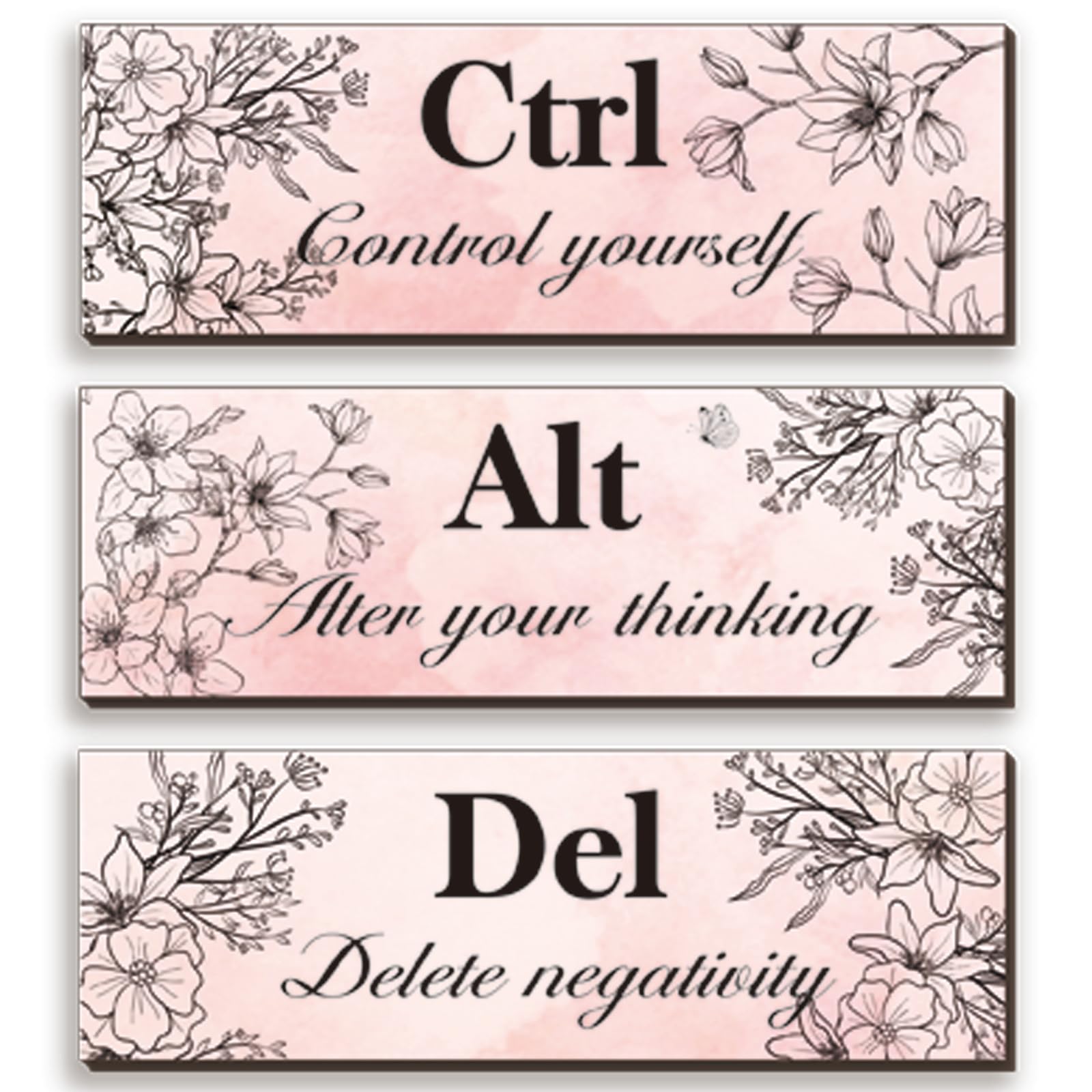 3 Pieces Pink Wall Decor for Girl Floral Wooden Wall Hanging Wall Art Inspirational Office Wall Decor with Positive Quotes Ctrl Alt Del Wall Sign for Teen Girl Women Bedroom Bathroom(Pink,12 x 4 Inch)