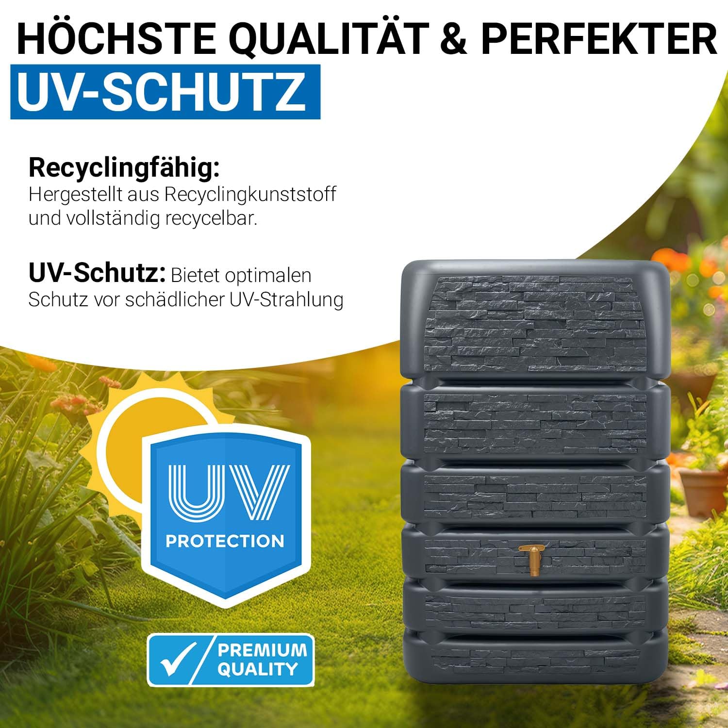 4rain Slim Stone Decor Regentonne Mauertank 510 Liter Graphite Grey - in Steinoptik und Anthrazit - Regenwassertank für den Außenbereich - praktischer Wasserbehälter zur Gartenbewässerung am Haus