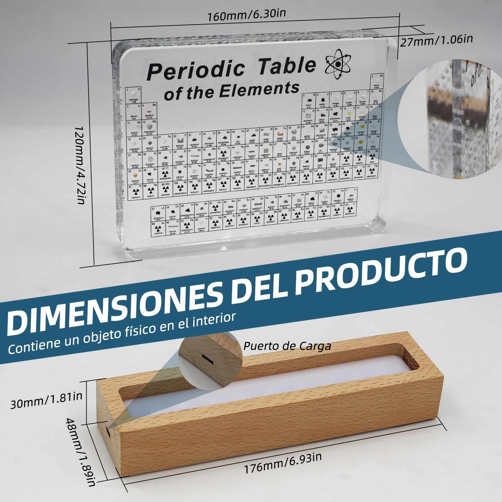 Lámpara de Mesa LED Tabla Periódica con 83 Muestras Reales de Elementos Decoración Científica en Acrílico para Oficina y Habitación Infantil Regalo Educativo Stem Ideal para Estudiantesy Profesores