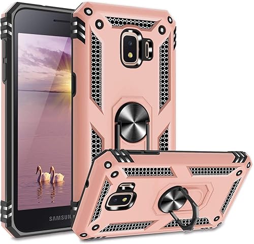 TJS Funda de teléfono compatible con Samsung Galaxy J2 CoreJ2 2019J2 PureJ2 DashJ2 Shine, anillo de metal resistente a los impactos soporte
