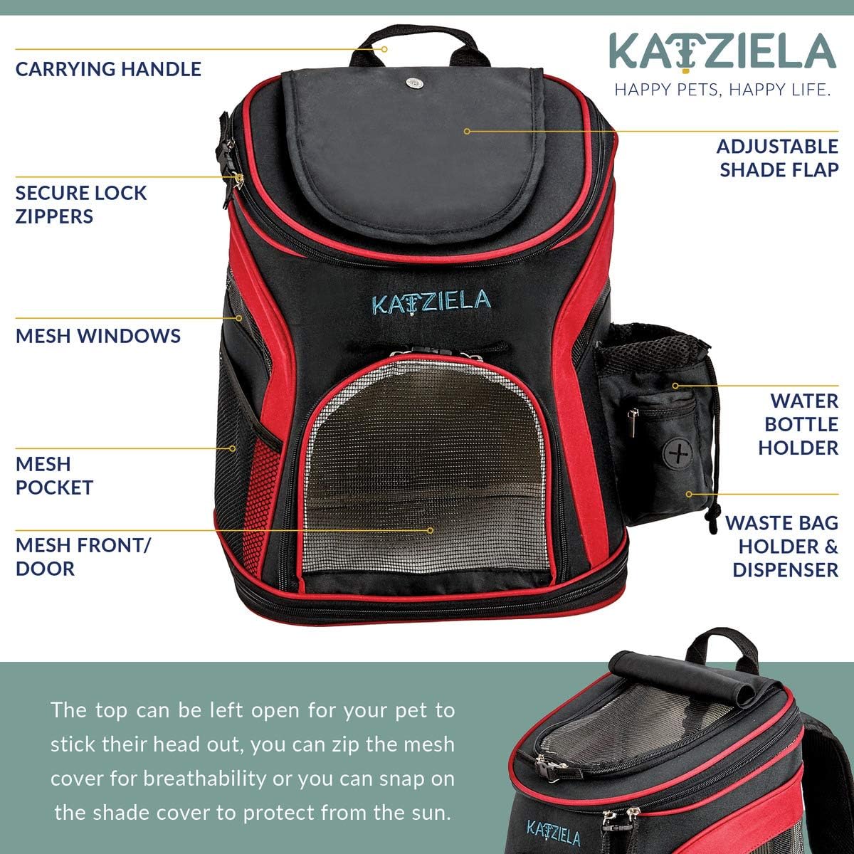 Katziela Pet Carrier Backpack - for Small Dogs and Cats - Water Bottle, Waste Bag and Storage Pouches, 3 Mesh Windows, Leash Hook - 3 Option Top: Open, Mesh or Shade - Bonus: 2 Poop Bag Rolls – Red