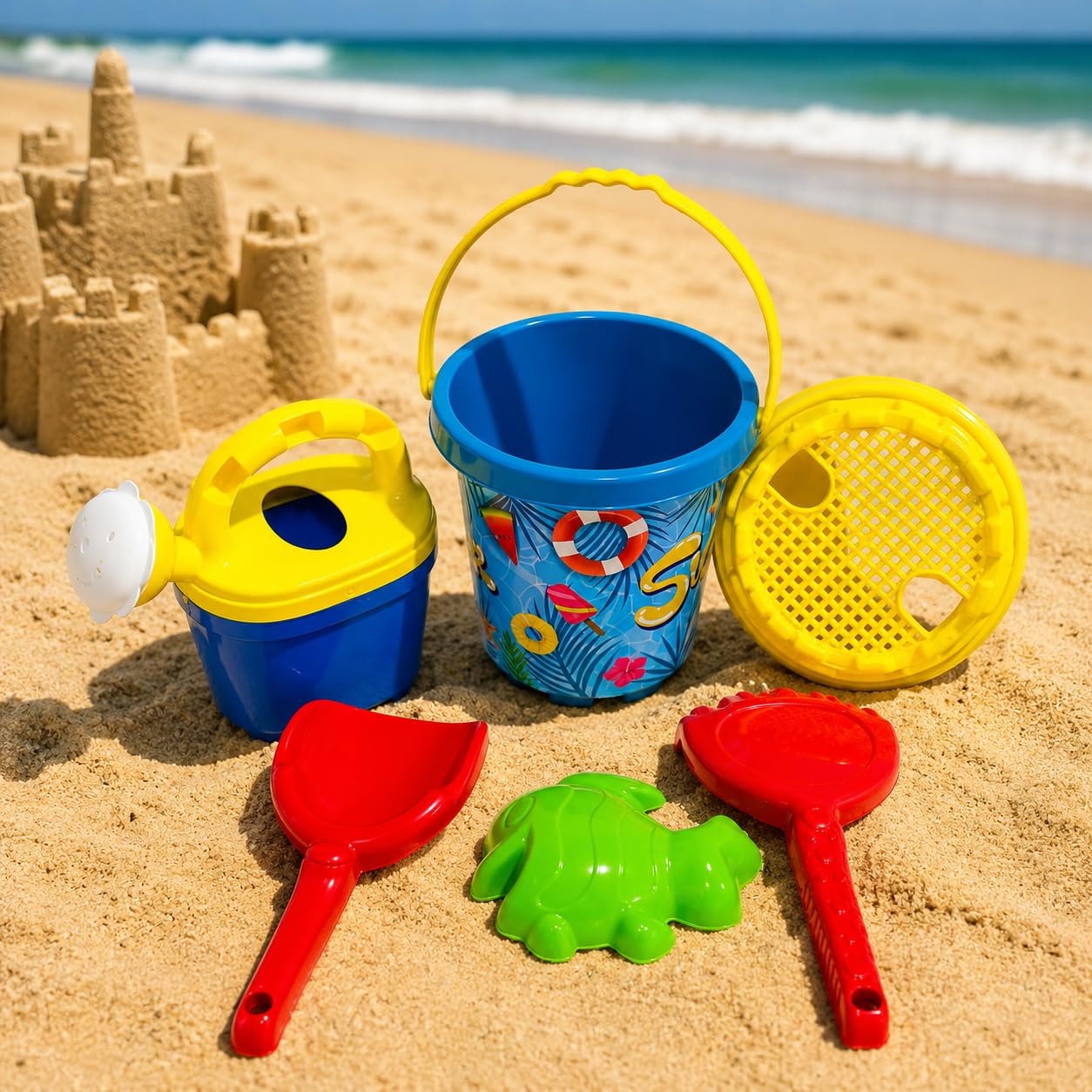 Secchiello e Paletta Bambini Secchiello Spiaggia con Paletta Rastrello Innaffiatoio Formina Setaccio Set Mare Giochi Spiaggia Giochi Sabbia Gioco Mare Giocattoli Sabbbiera per Bambini Multicolore (a)