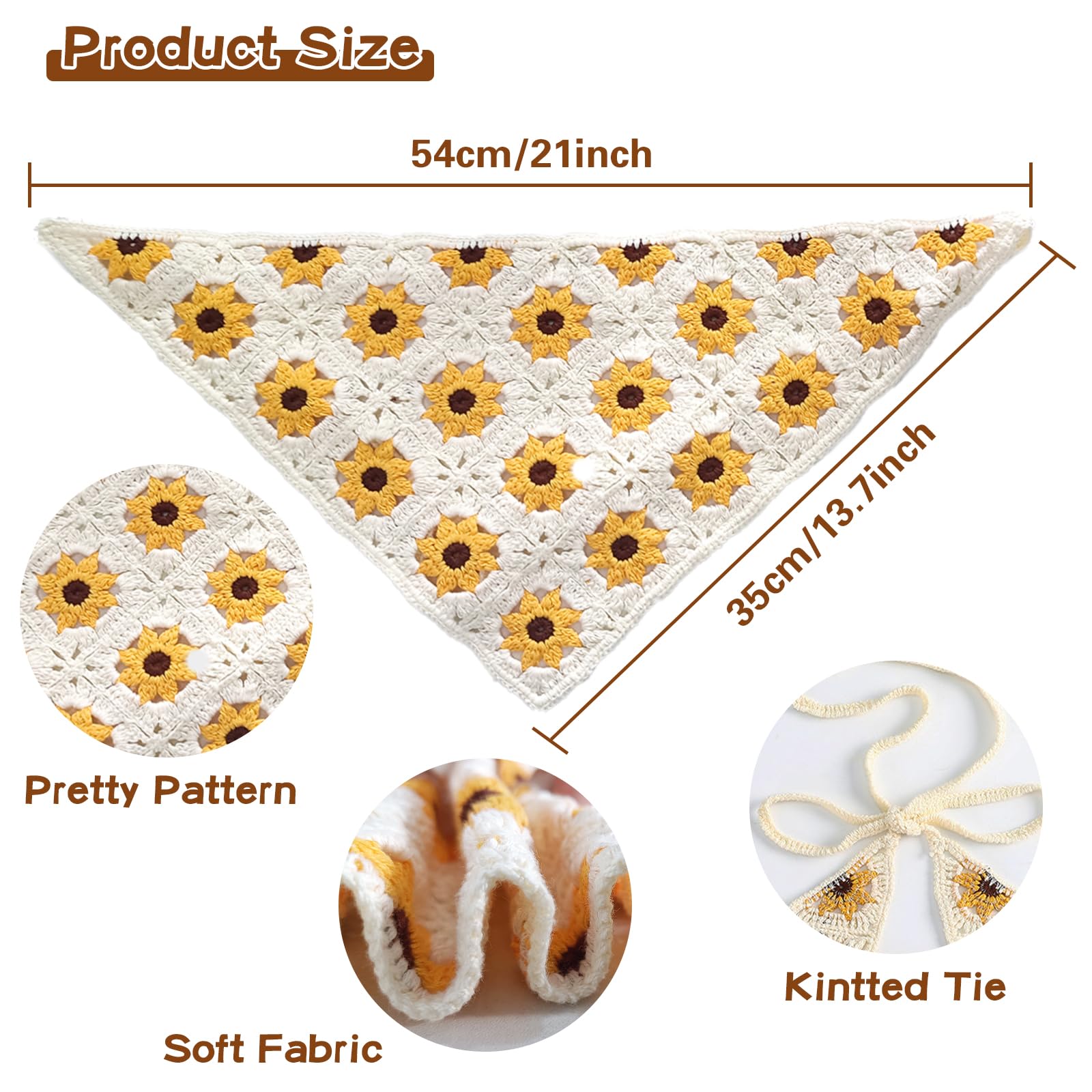 Kunyeah 2 Pieces Crochet Hair Bandana Floral Hair Scarf Boho Head Kerchief Vintage Headbands Triangle Hair Tie Handmade Hair Accessories for Girls Women (Yellow/Black)