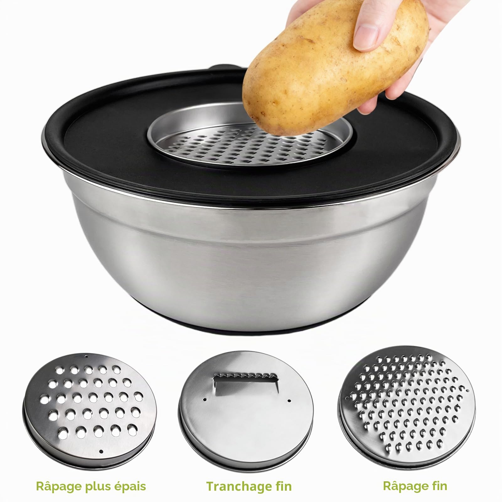 Lot de 5 Cul de Poule Inox avec Couvercle, 1L, 1.5L, 2L, 3L, 4.5L, Bowl de Mélange avec 3 Râpes, Saladier Empilables, AntidéRapant, Résistant, Lavable au Lave Vaisselle, pour Cuisine