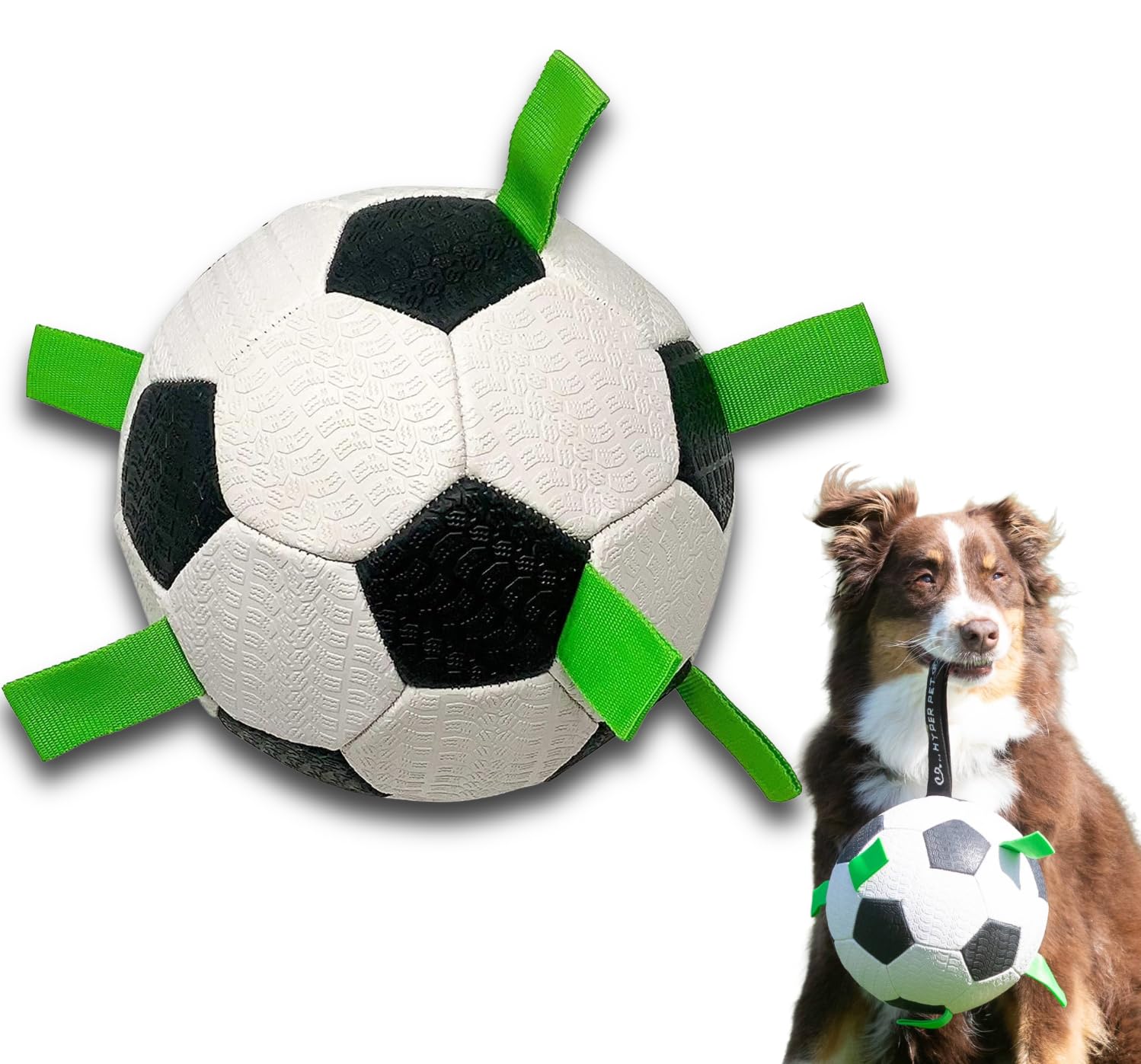 Hyper Pet Grab Tabs Dog Soccer Ball with Straps (7.5") Indoor or Outdoor; Interactive Durable Fetch Ball with Tug Toy for All Dog Breeds
