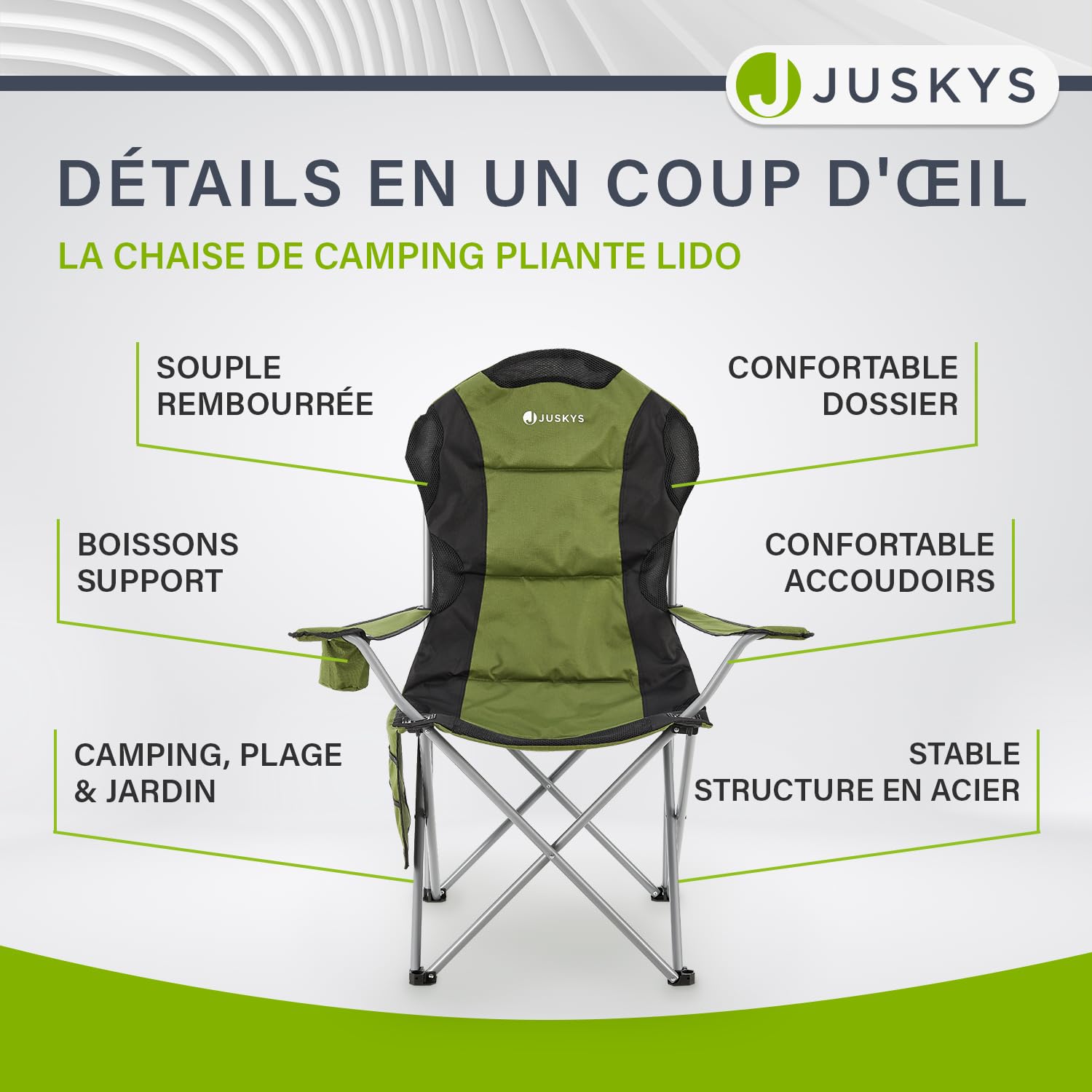 Juskys Chaise de Camping Lido Pliable avec Porte-gobelet, Poche latérale et Sac de Transport - Chaise de Camping Pliante rembourrée avec accoudoir et Dossier - Vert