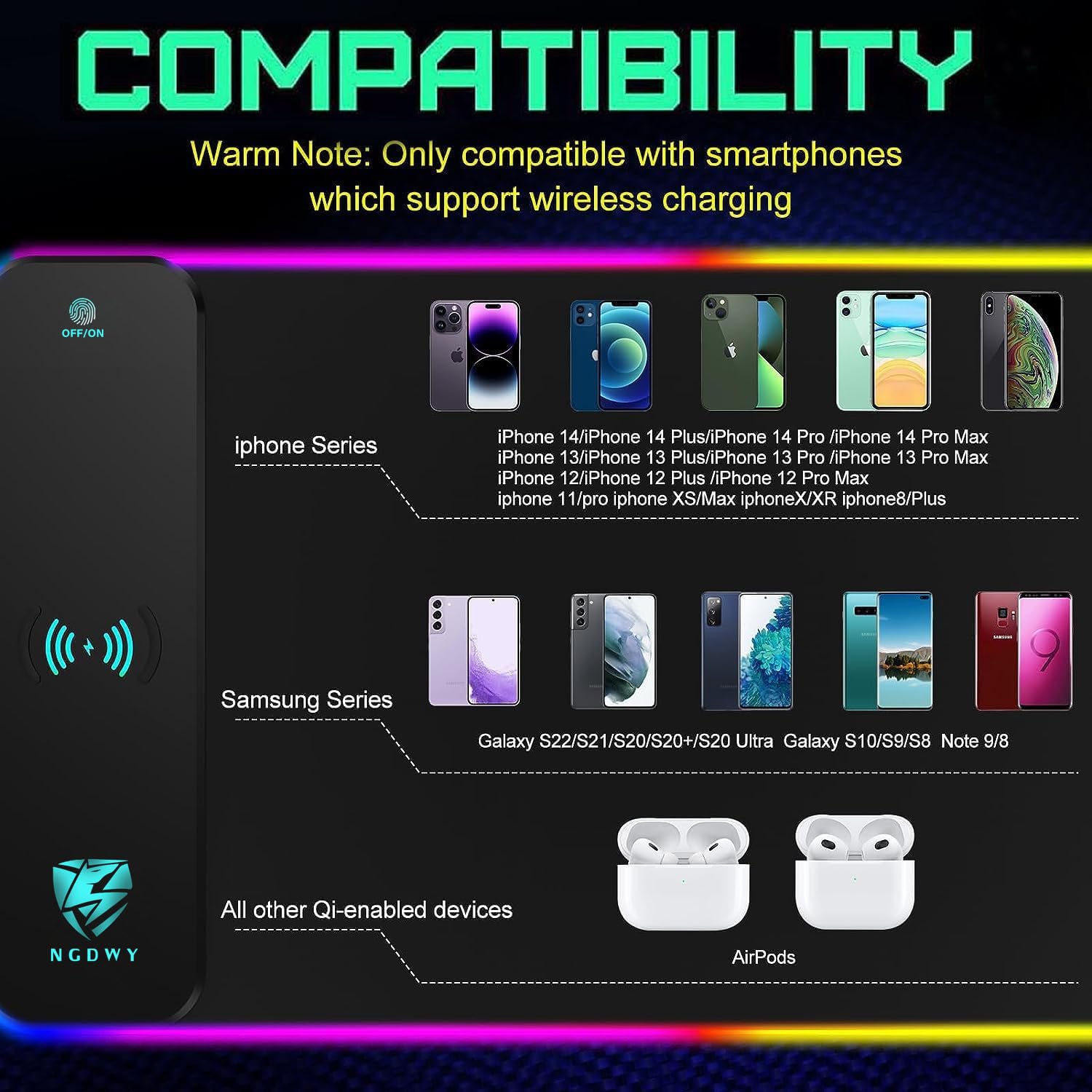 Tappetino per mouse da gioco RGB con ricarica wireless, 15 W, 800 x 300 x 4 mm, ricarica rapida, superficie ultra liscia, base antiscivolo, 13 modalità di illuminazione, tappetino per mouse RGB per