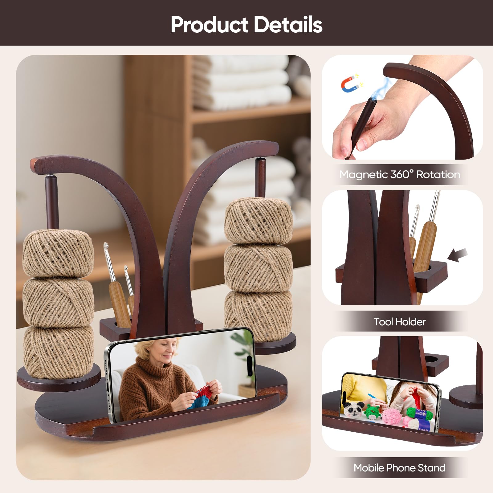 Avvolgitore magnetico in legno - Supporto doppio per filati con organizer per accessori da lavoro a maglia - Porta gomitoli per uncinetto e maglia - Salvaspazio e girevole