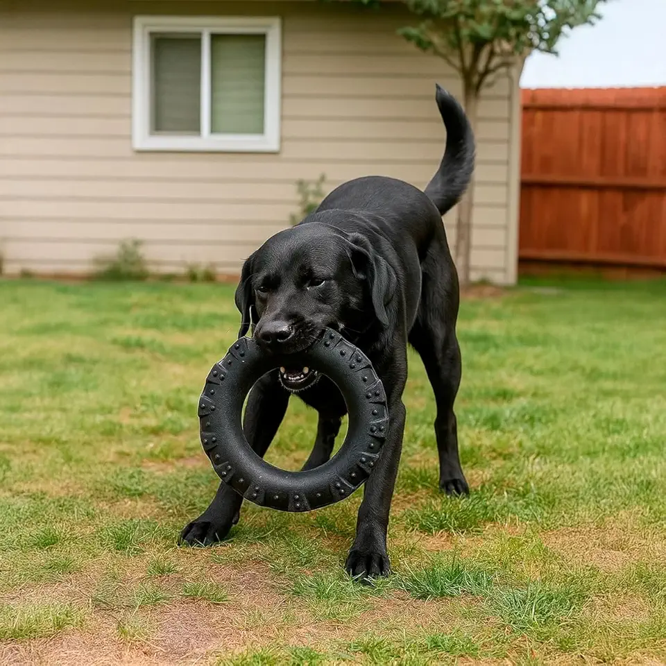Brinquedo Mordedor para Cães Grande, Formato Pneu, Borracha Preta, 18cm, Texturizado para Limpeza Dental e Alívio do Estresse