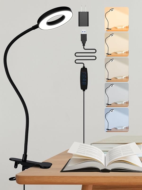 Clip on Lamp,5 Colors+10 Brightness LED Desk Lamp with Clamp,550lm Bright Clip on Light for Bed Headboard/Bedside Table,360°Adjustable Reading Light for Bed,Desk Lights for Home Office Study [Adapter] by ReinHoo - Used condition - US$11.57