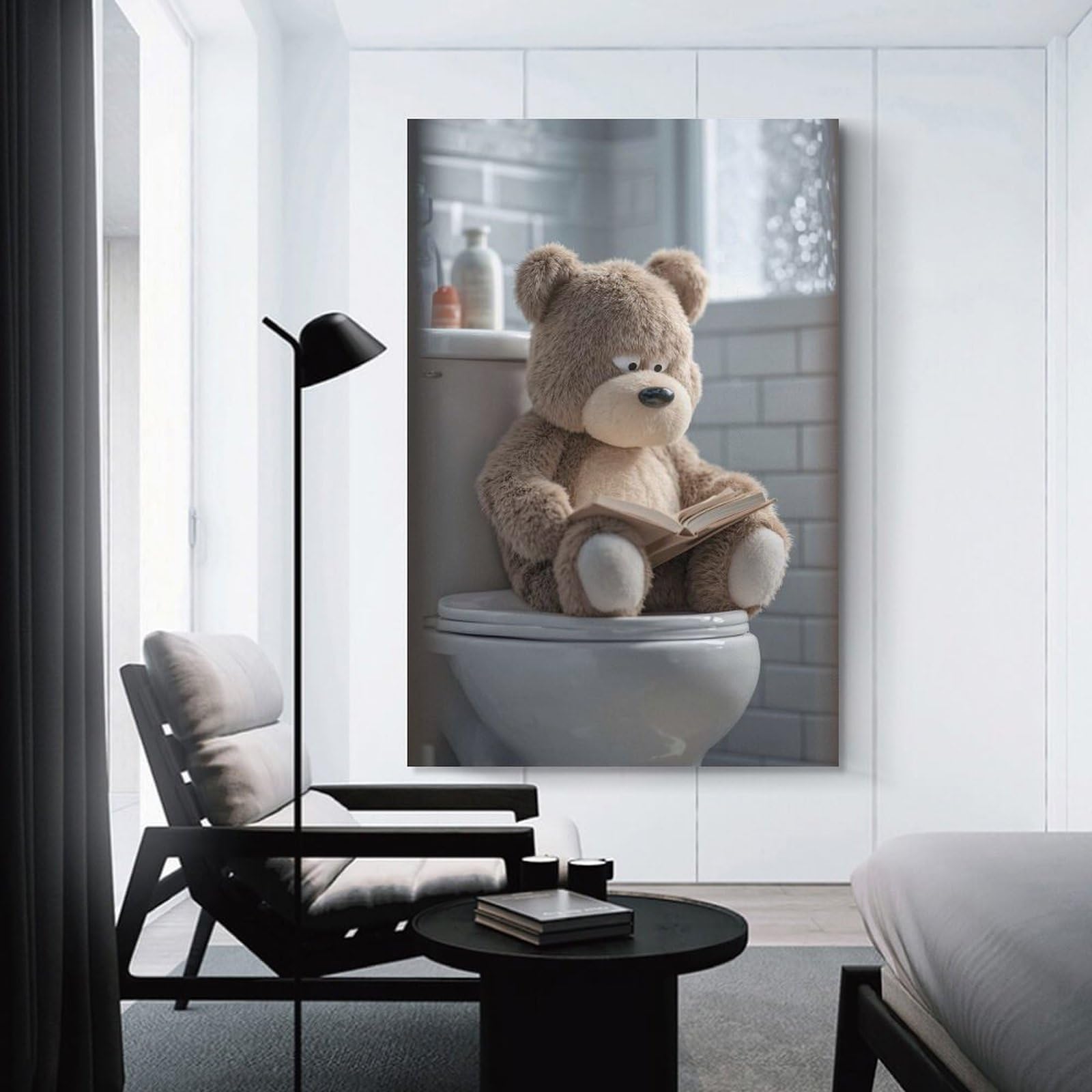 Junmoney Teddy Bear Reading on Toilet Decorative Wall Artwork 24x36inch(60x90cm), for Front Hall, Corridor Or Welcome Spaces, Decorative Wall Art for Narrow Spaces