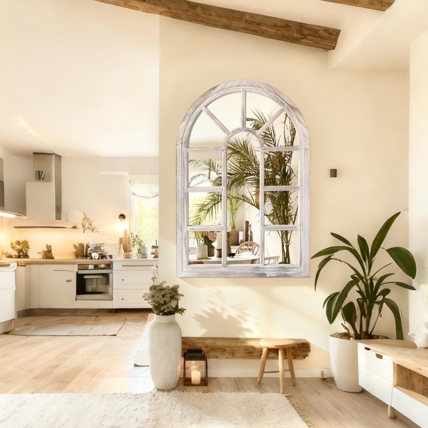 Espejo de arco, espejo de pared blanco, marco de madera grande, espejos decorativos de arte moderno para sala de estar, dormitorio y entrada, 70 x 50 cm, decoración del hogar