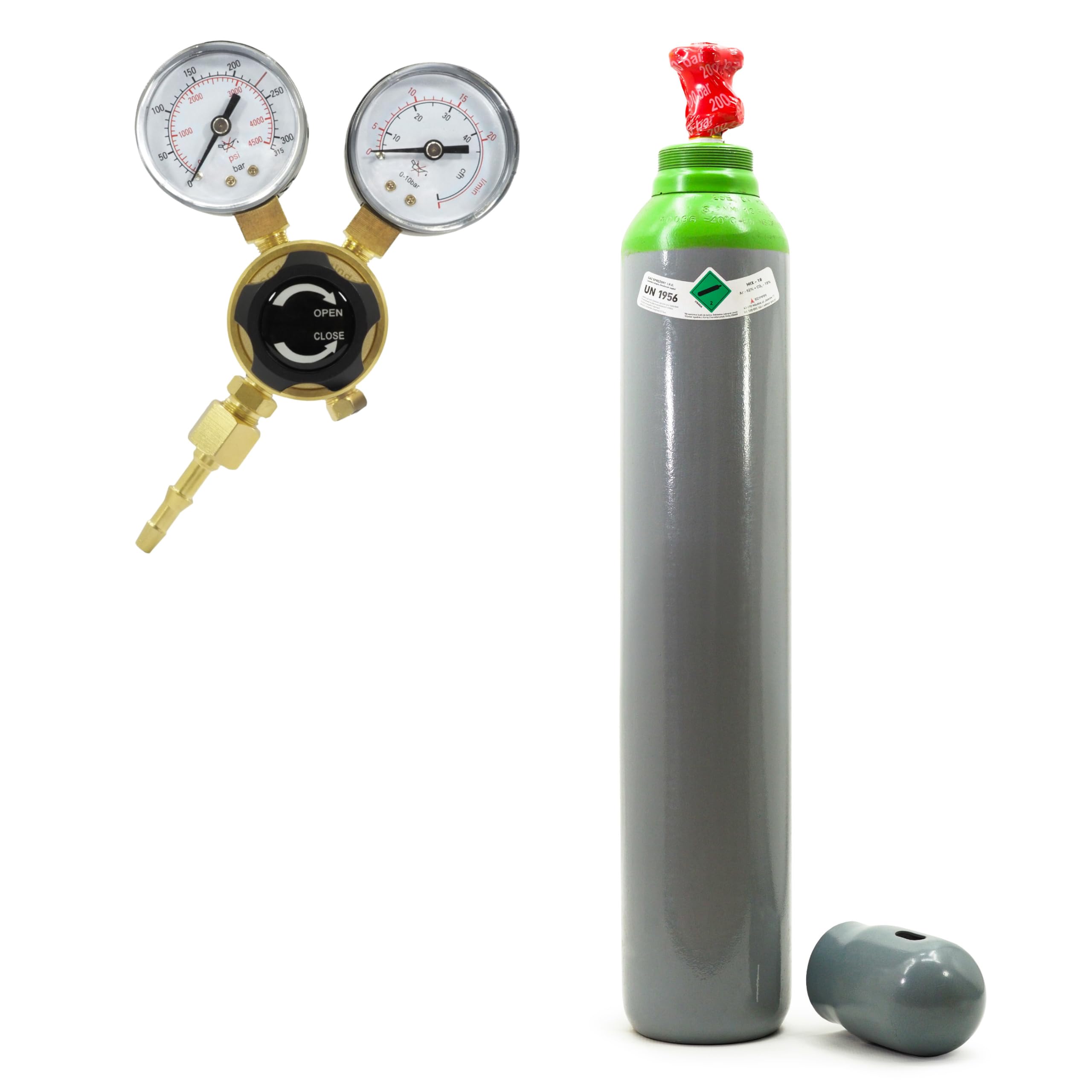 Mix Ar/CO2 - Bombona de gas de argón con reductor de presión de argón (10 l, 200 bar, relleno + reductor de presión Mini Ar/CO2 Bestschweissen.de para gas de soldadura TIG MIG MAG