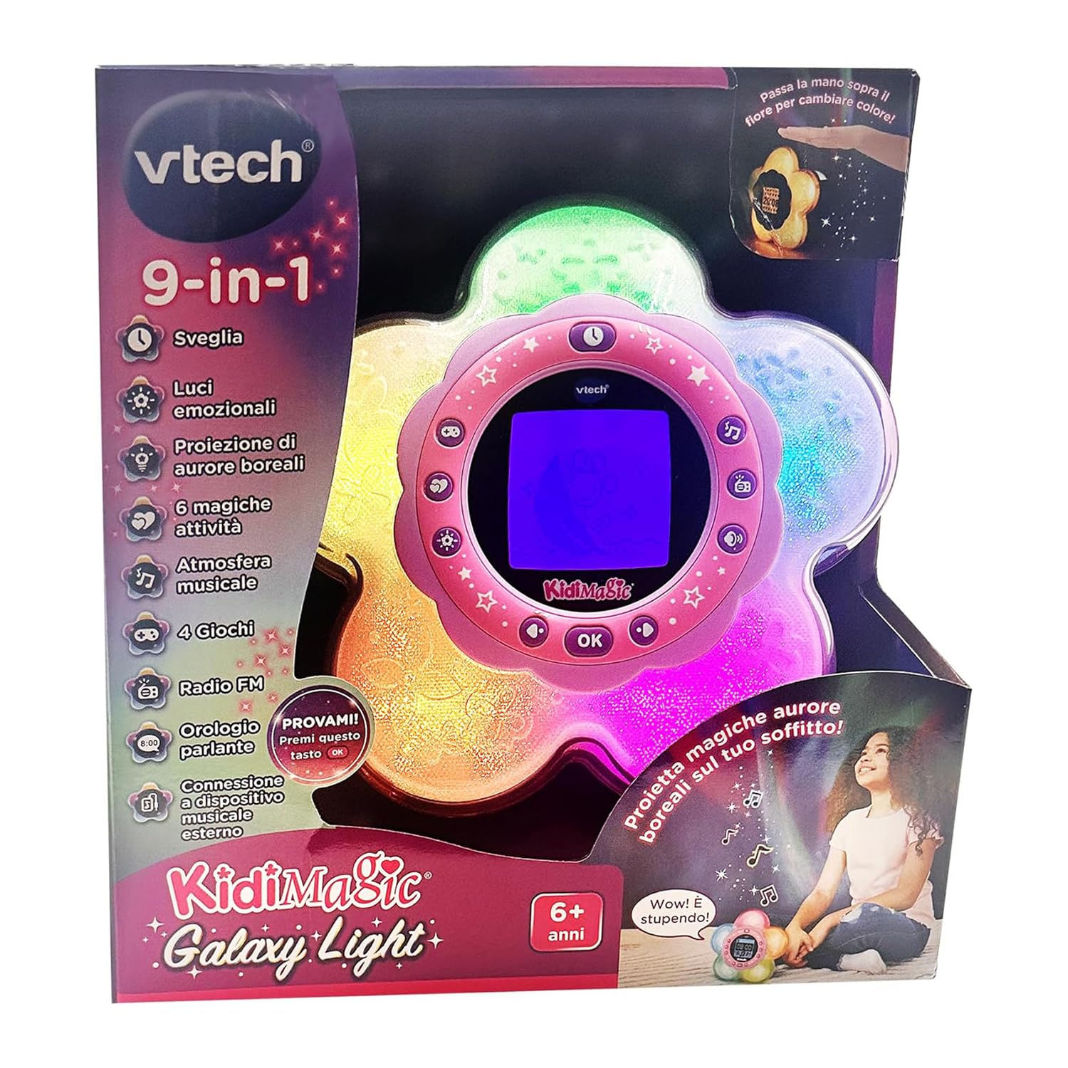 VTech KidiMagic Galaxy Light, Radiosveglia 9 in 1, Proiettore Bambini Aurora Boreale, Fiore Luminoso con Sensore di Movimento, Radio FM e MP3, Lingua Italiana, Batterie Incluse, 6+ Anni