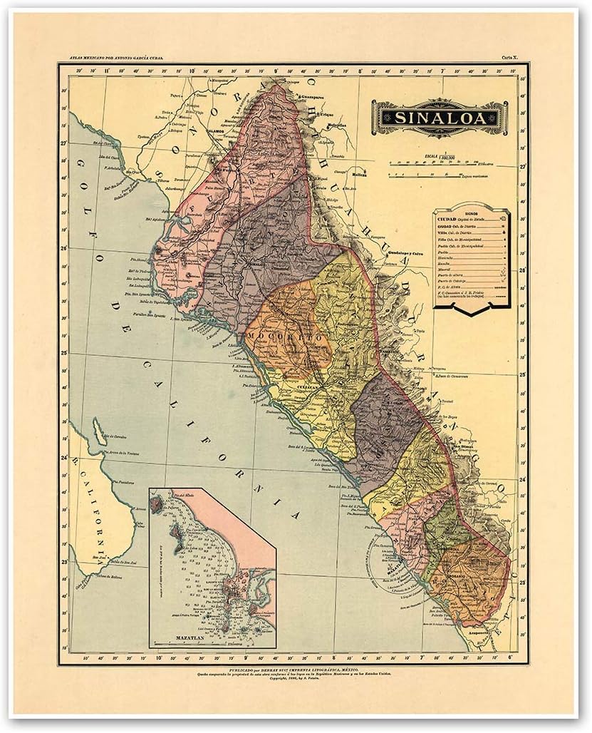 Antiguos Maps Estado Libre y Soberano de Sinaloa from Atlas Mexicano circa 1884 | Art Print Poster Vintage Wall Decor | 24 x 30 inches (610 x 762 mm)