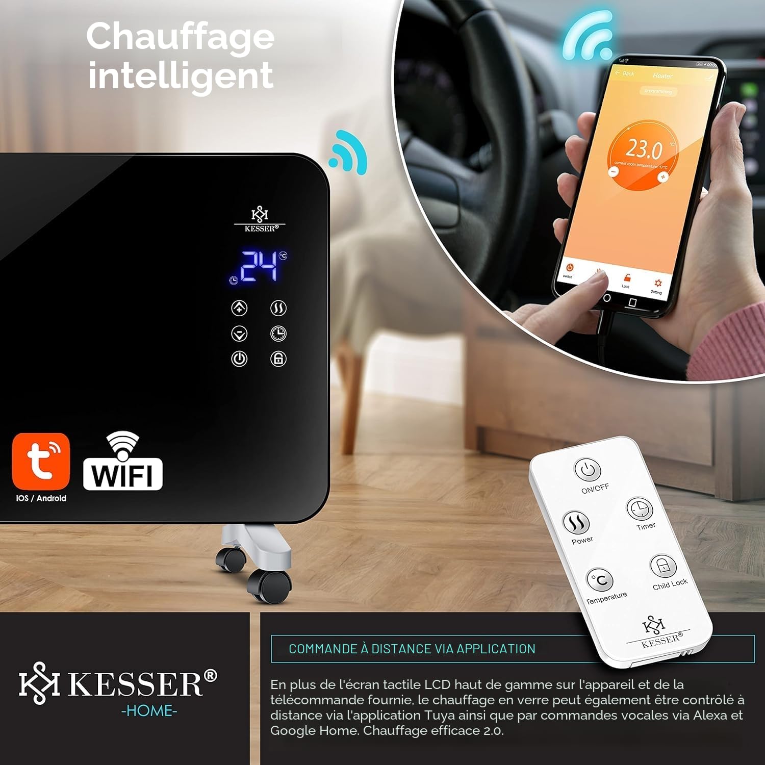Kesser® Chauffage électrique en verre, convecteur, radiateur électrique, noir