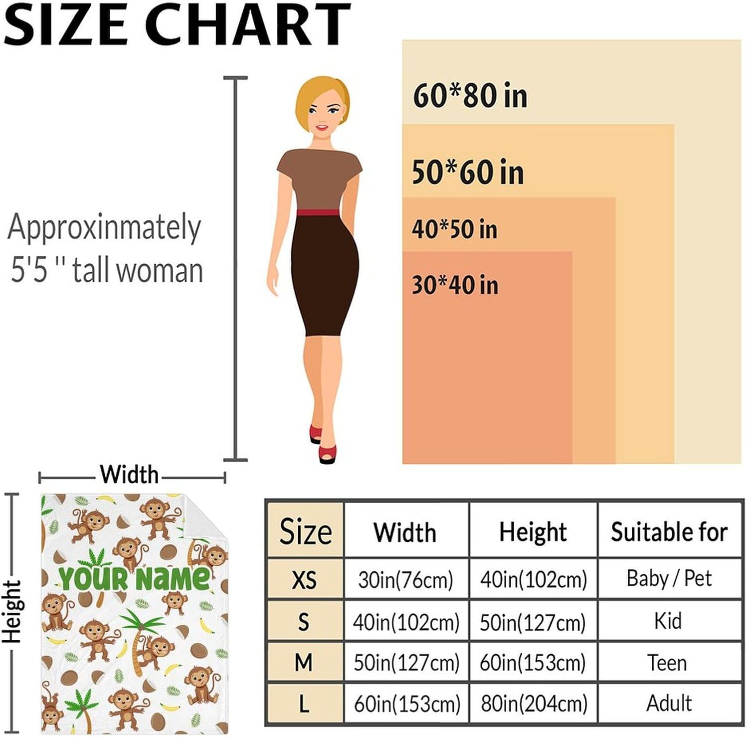 Personalized Name Monkey Blanket for Adults - 60x80 Inches Twin Size - Soft Lightweight Fluffy Blanket Gift - White Cartoon Throw Blanket for Bed, Couch, Sofa