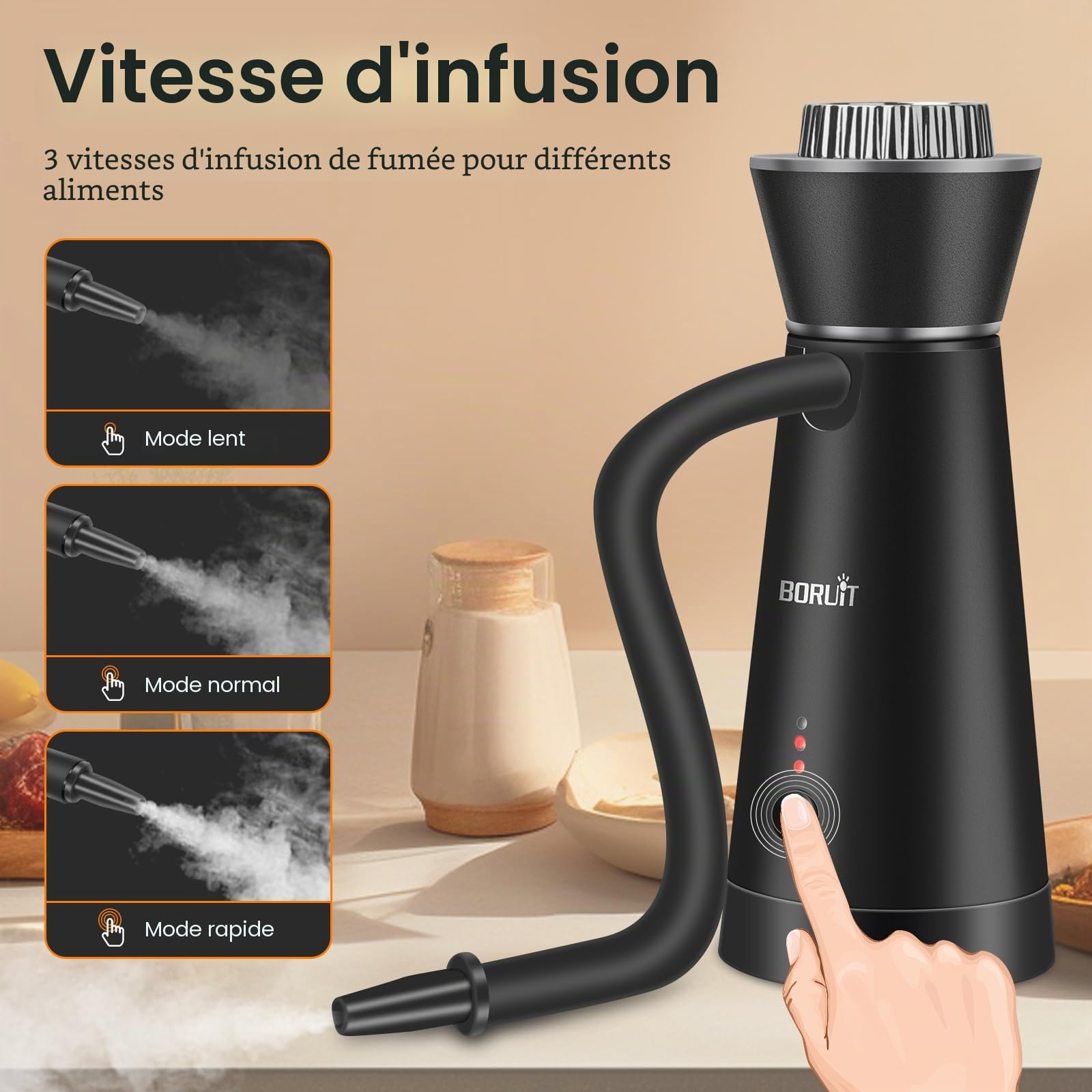 BORUIT Fumeur Portable, Infuseur de Fumée en Alliage d'aluminium avec 4 Paquets de Copeaux de Bois, Pistolet à Fumée pour la Cuisine, Viande, Saumon, Cocktails, Fromage, Barbecue (noir)