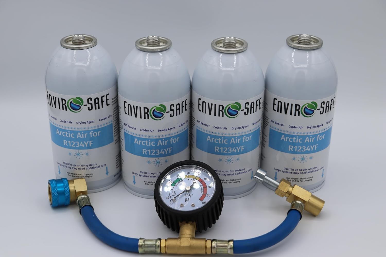 Arctic Air for 1234YF | 4 Cans + Brass Gauge, EnviroSafe | Best for Auto