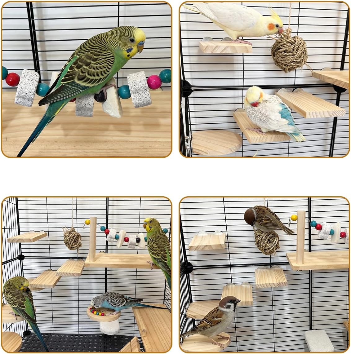 Bird Ledges Wood Sets, Parakeet Wooden Stand Platform with Lava Ledge Blocks Chew Toys Bird Cage Cage Accessories for Finches Canaries Cockatiels Parrot