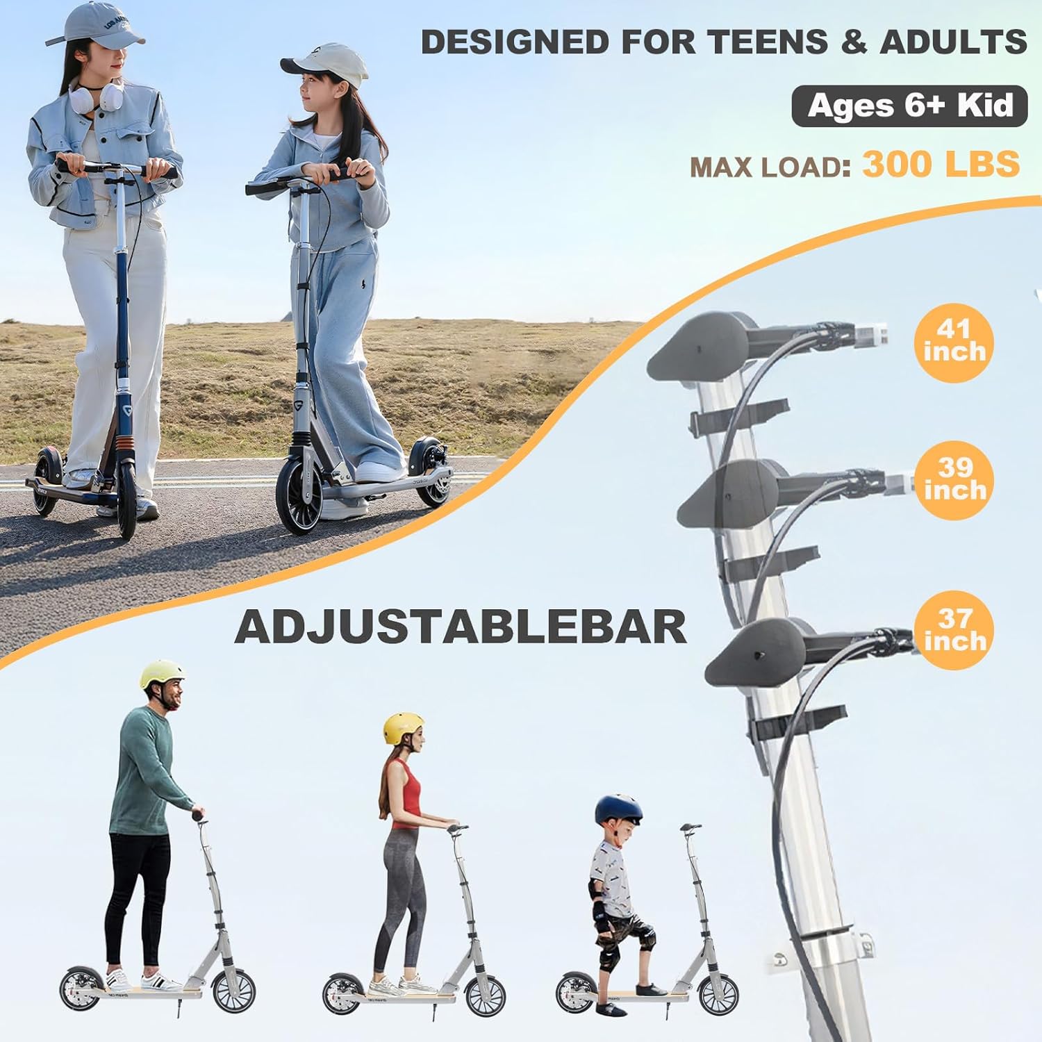 Scooter for Kids 8-12, Teens and Adults, Folding Kick Scooter with Adjustable Height, 8IN Big Wheels Scooters W/Anti-Shock Suspension, Up to 300 Lbs, Bearing ABEC9 - Image 3