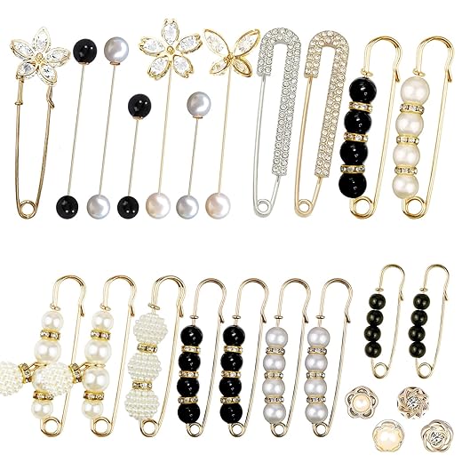 24 Pieces Pearl Crystal Brooch Safety Pins Button Pins Pant Waist Tightener Pins for Clothes Sweater Shawl Collar Dress Cardigan Shirt Jeans Decoration Accessories for Women Girls