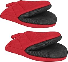 1 Pair Short Oven Mitts, Heat Resistant Silicone Kitchen Mini Mitts for 500 Degrees, with Non-Slip Grip Surfaces and Hanging Loop, Oven Gloves for Grilling Barbecue Microwave Machine (Red)