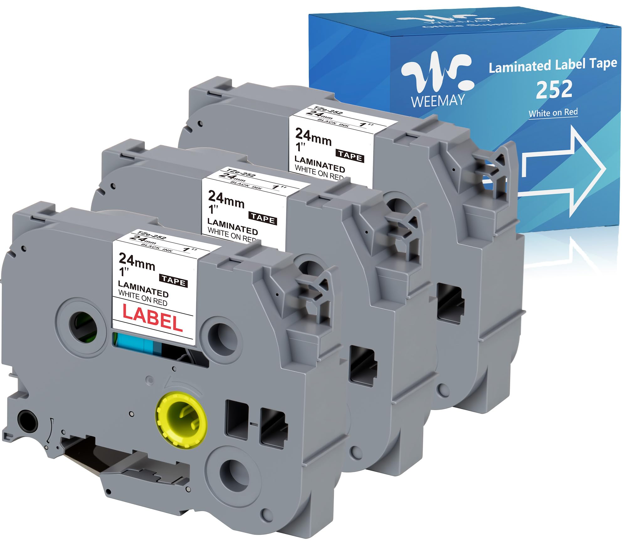 Weemay 3 Pack TZe252 24mm Red on White Laminated Label Tape Compatible with Brother Label Maker Tape TZe-252 TZe 252 TZ-252 TZ252 for PTouch PT-E500