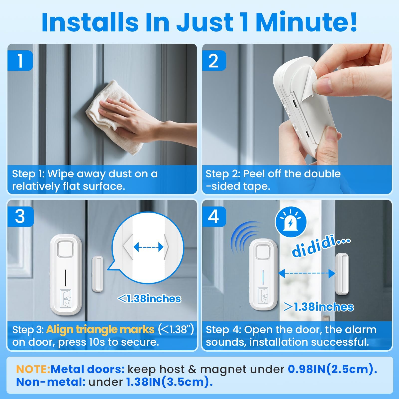 SanJie - Alarma de puerta con alertas instantáneas y retardadas de 30 s/1 min/2 min/4 min, alarma de ventana de puerta para seguridad de los niños/seguridad del hogar, volumen de 0-120 dB, alerta