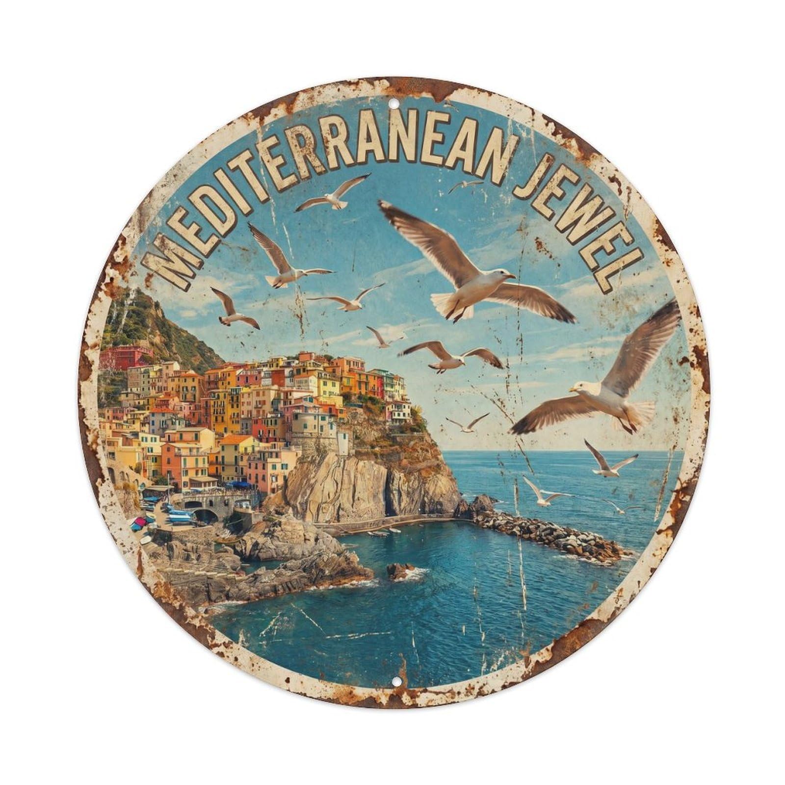 Vintage Travel Amalfi Seagull Coastal Discovery Metal Tin Sign Plaque Wall Decor for Cafe, Club, Garden Round Metal Poster 8x8Inch