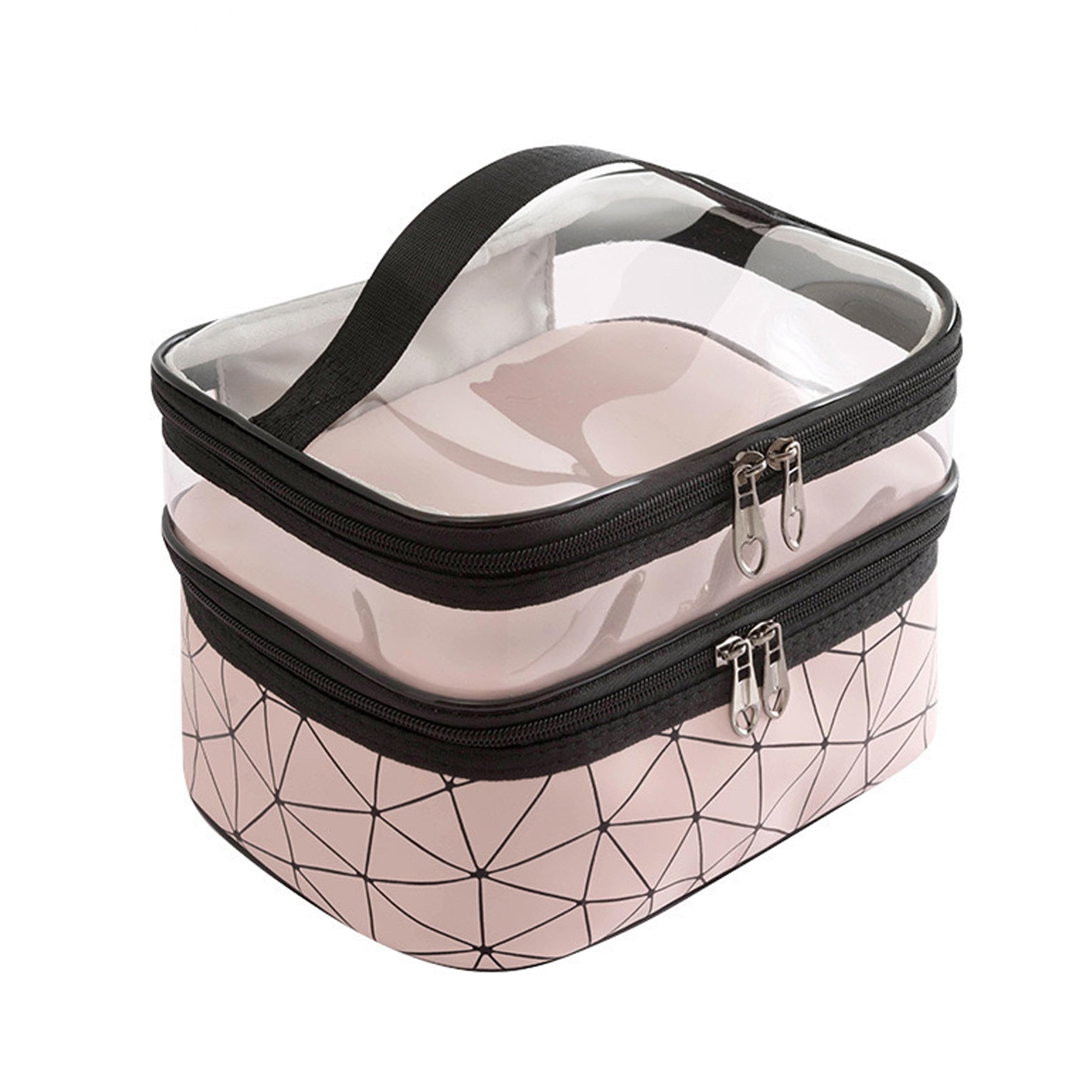 Large Capacity Double Layer Makeup Bag - Portable Toiletry Bag with Compartment for Women Travel Essentials (Pink 23x17x16cm)