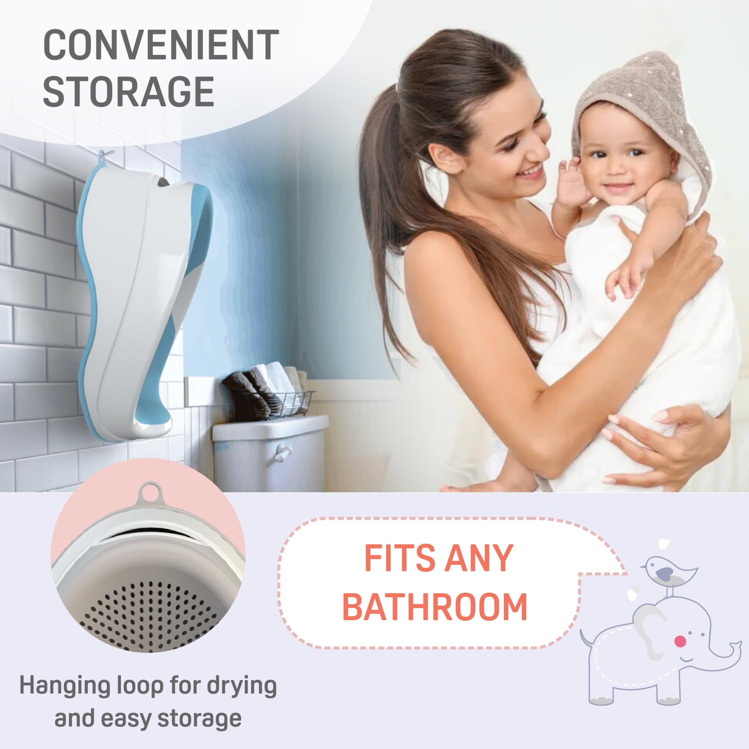 BABYLON DOLPHIN Supporto Vaschetta Bagnetto Neonato – Ergonomica con Sedile Antiscivolo da 0 a 6 Mesi, Ipoallergenica e Resistente alla Muffa – Riduttore Sdraietta Bagnetto Neonato – Grigio chiaro