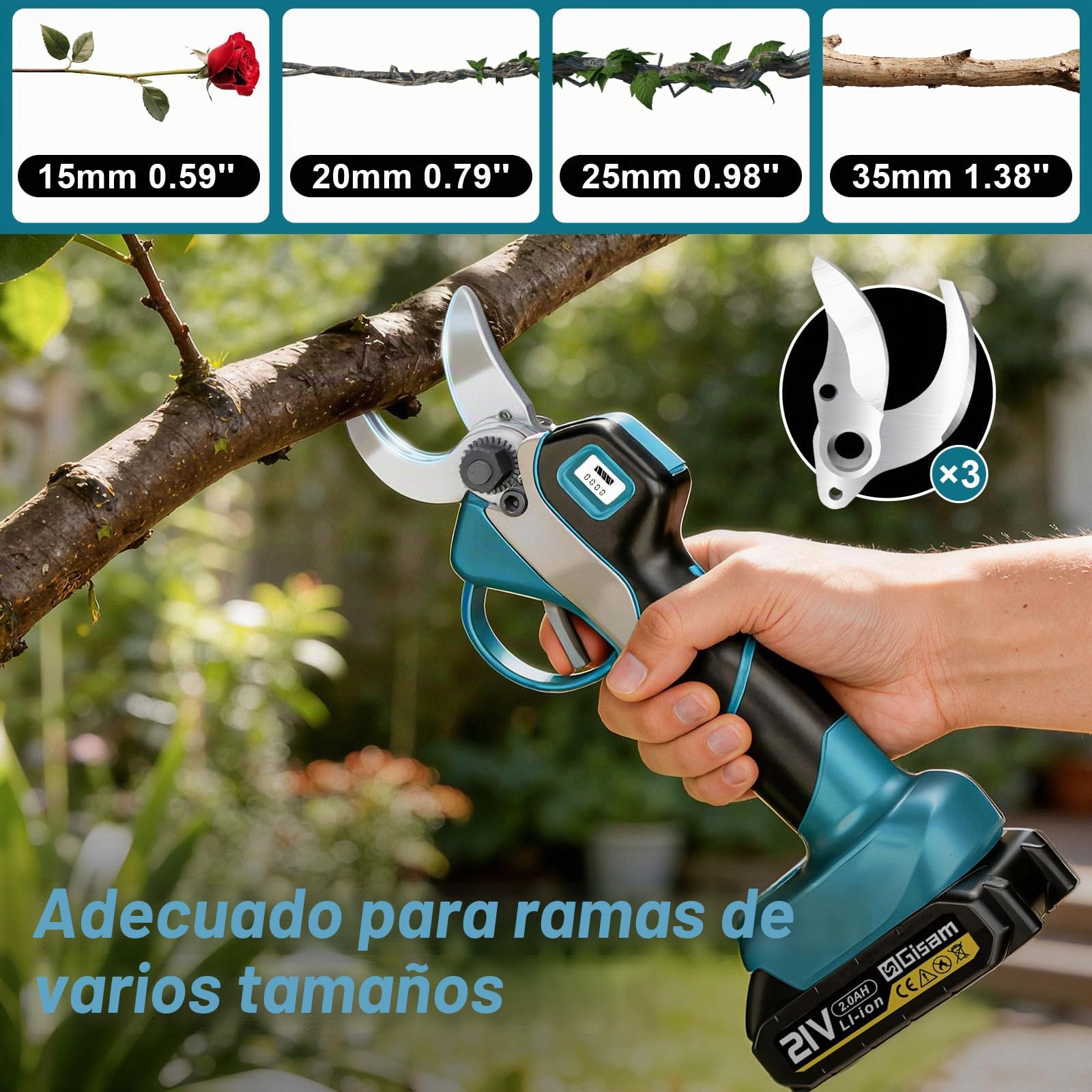 Tijeras de Podar Eléctricas con Palo Telescópico – Hasta 4,2 m de Alcance, motor sin escobillas, Tijeras de Podar Batería con 2 * Baterías y 3 pares de Hoja SK5, para Jardinería, Adecuado Granjas