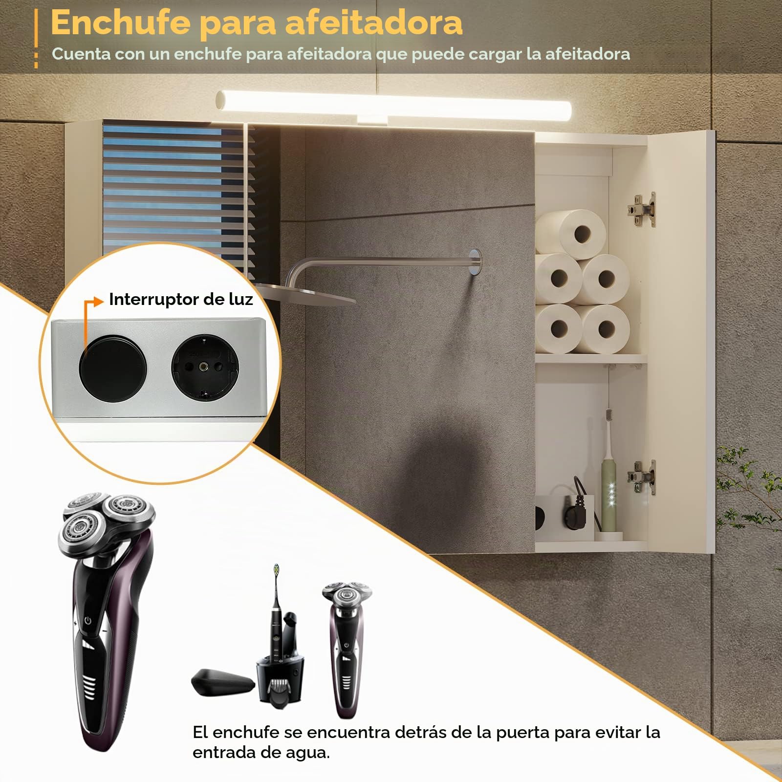 DICTAC Armario con Espejo baño con iluminación LED,Enchufe para máquina de Afeitar 90x60x16cm Armario de Pared con 3 Puertas y Estantes Ajustable con Mucho Espacio de Almacenamiento,Blanco