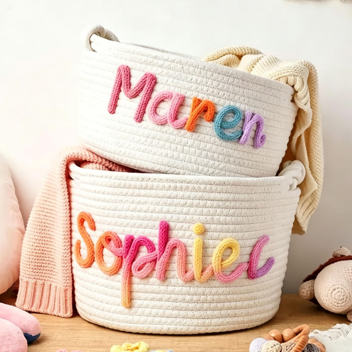 Personalized Cotton Rope Newborn Keepsake Storage Basket With Custom Name