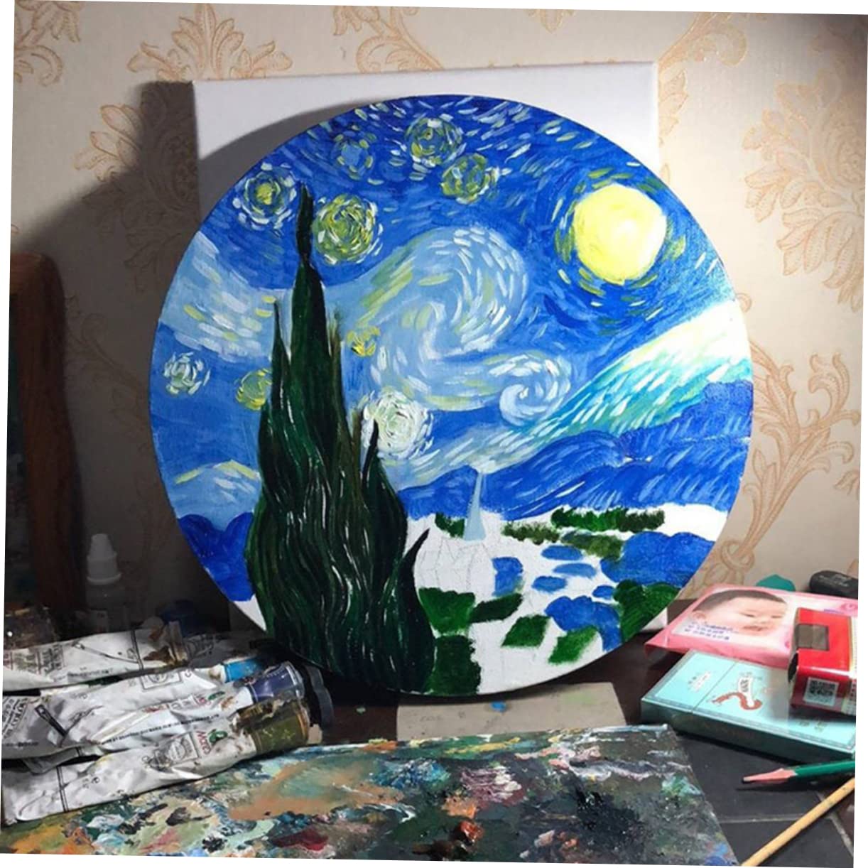 Ciieeo Marco de Madera Redondo para Lienzo de Algodón Blanco de 40cm, Grueso y Estirado, Adecuado para Pintura y Dibujo Artístico
