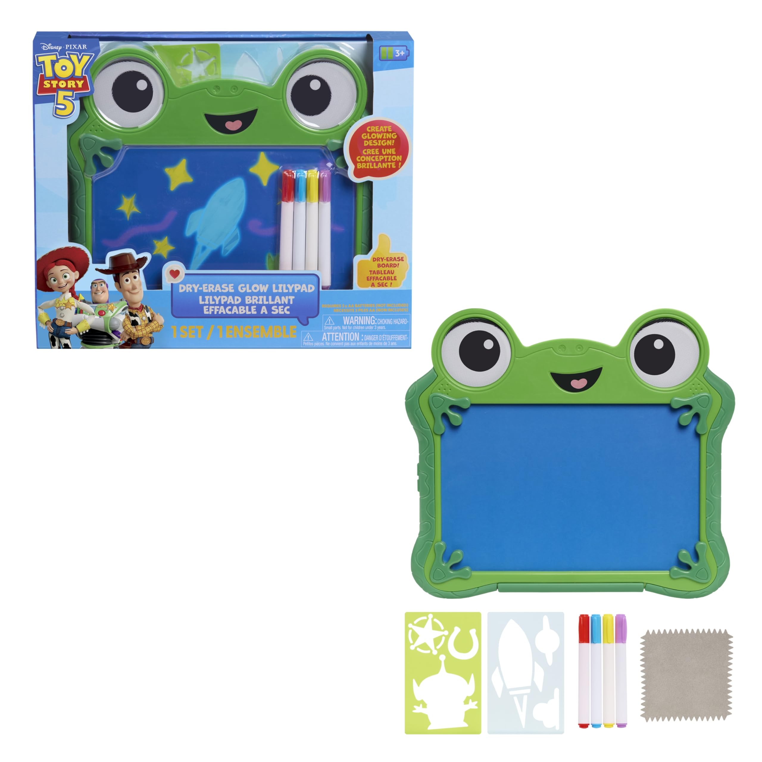 Disney y Pixar Toy Story 5 Glow Lilypad, Tableta de Dibujo borrable con luz, Pizarra Luminosa con rotuladores neón y Plantillas, Juguete para niños a Partir de 3 años