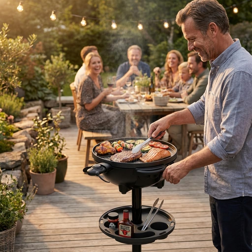 Tristar BQ-2885 elektryczny grill ze stojakiem, płyta grillowa 41 cm, 2200 W, może być również stosowany jako grill stołowy, pokrywa z termometrem i regulowanym termostatem